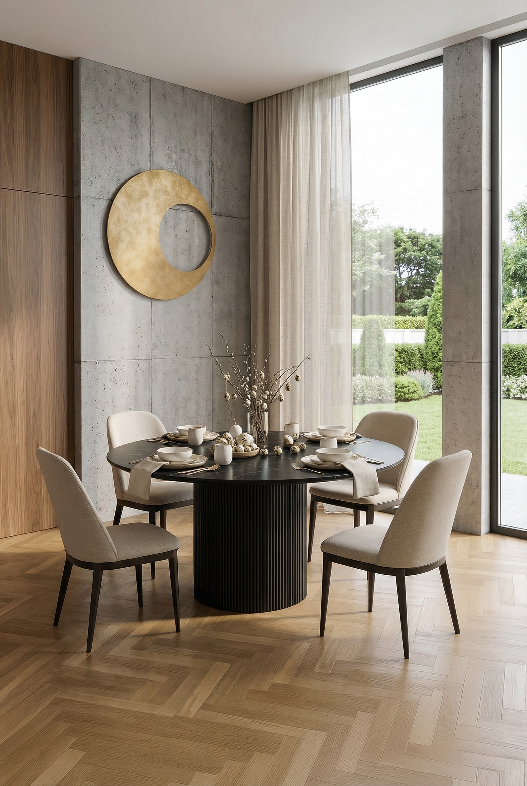 al2 dakry br 001 ronde eettafel met zachte, organische randen en elegante stoelen al2 dakry br 001 ronde eettafel met zachte, organische randen en elegante stoelen