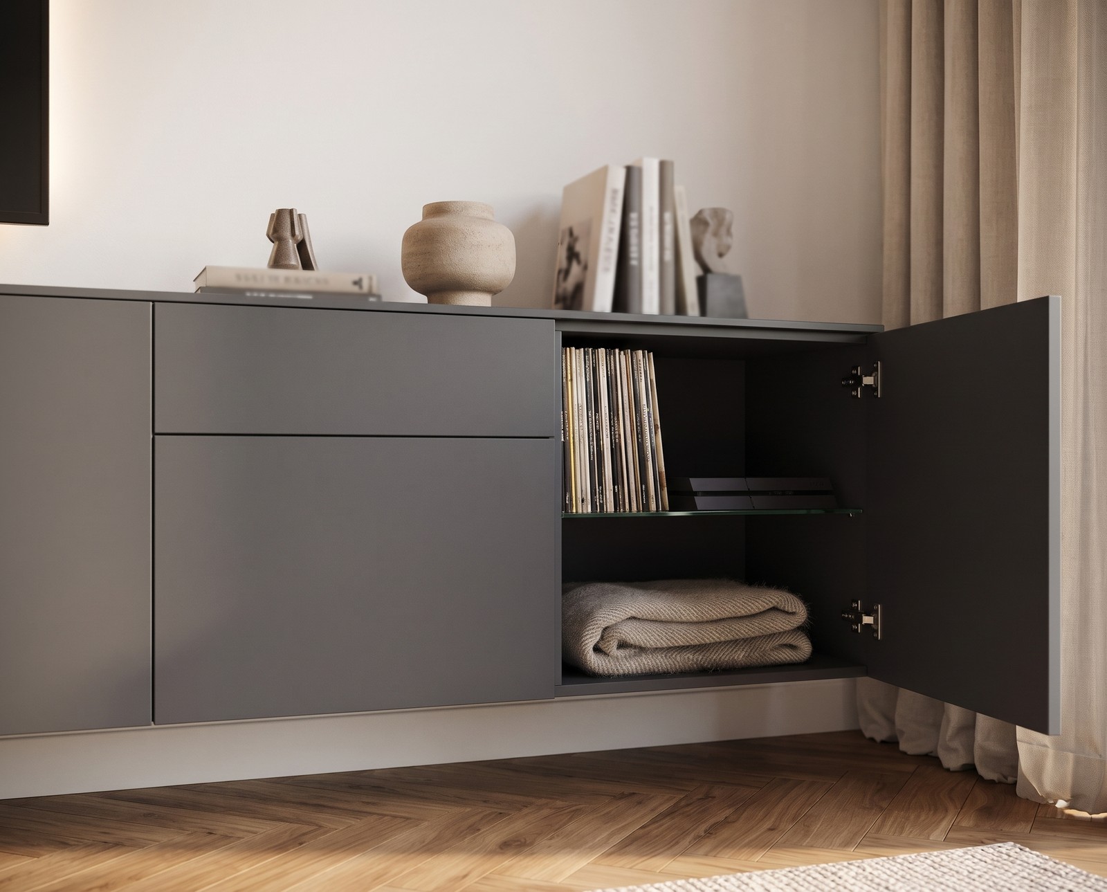 Detail: open door with glass shelf on the Spaziora TV sideboard Detail: open door with glass shelf on the Spaziora TV sideboard