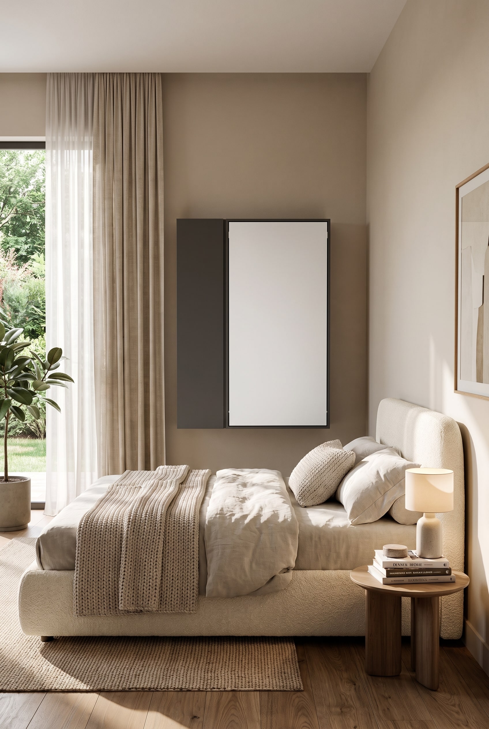 Ein elegantes, modernes Gästezimmer mit weichem Polsterbett und einem geschlossenen, schmalen Wandklapptisch als platzsparendem Arbeitsbereich.