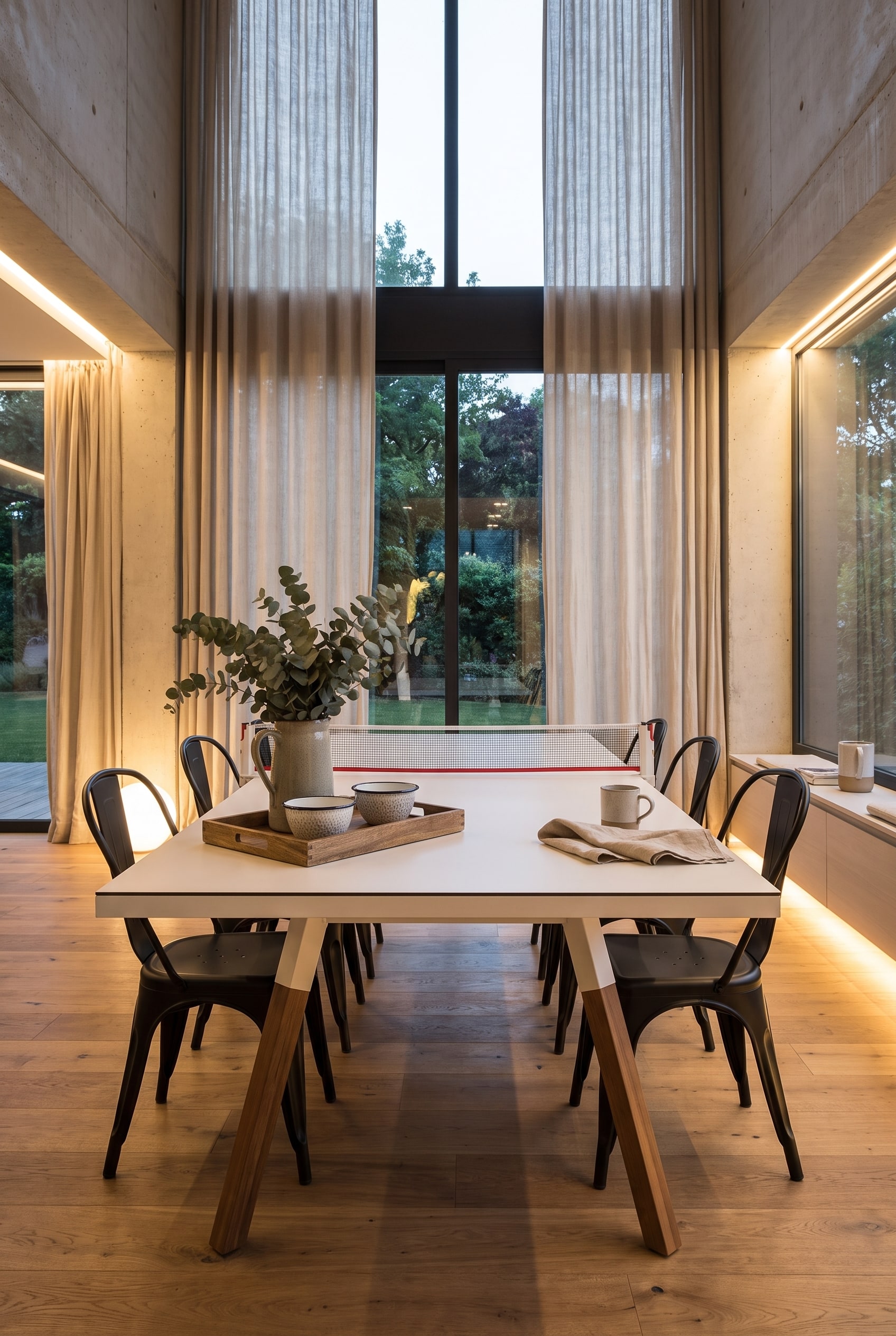 Lichte eetkamer met witte multifunctionele tafel, houten dienblad met emaille schalen en zwarte metalen stoelen