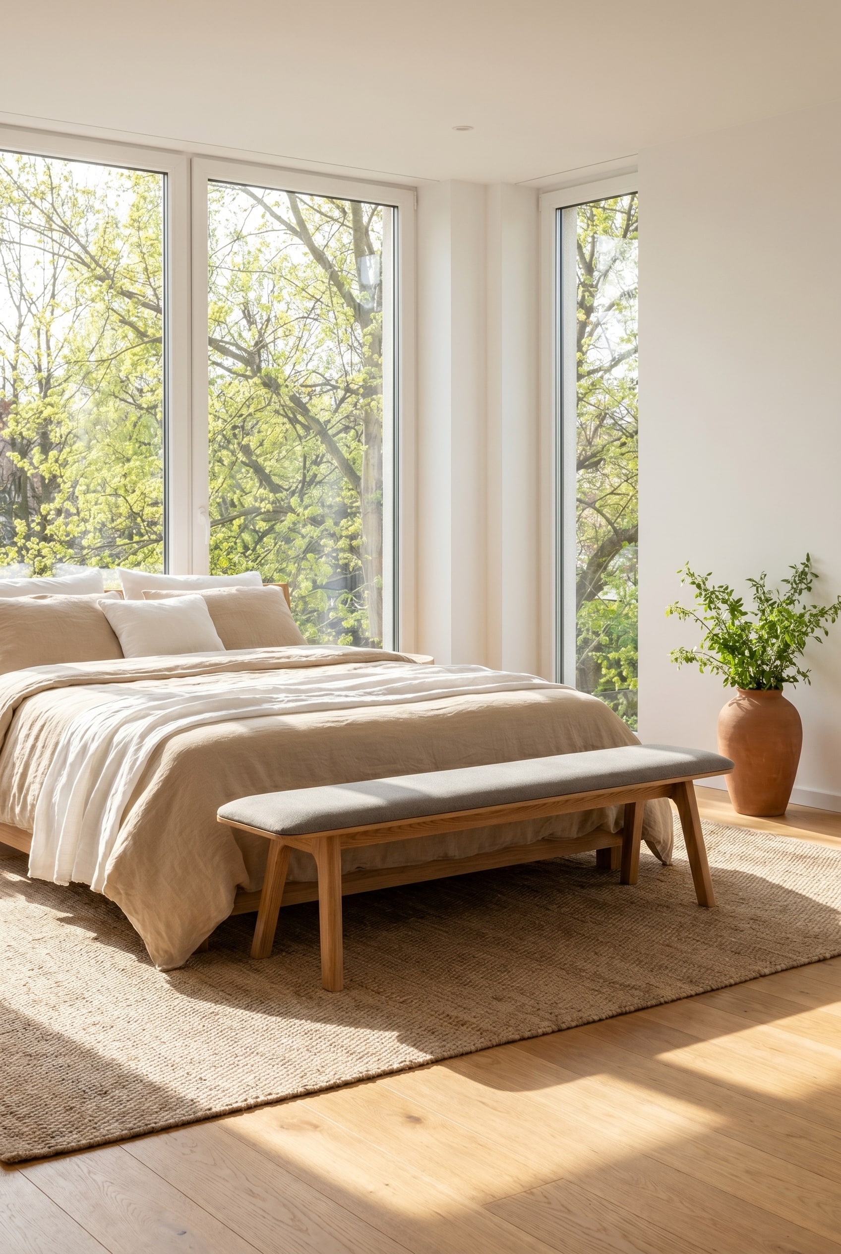 Hoogwaardige houten zitbank met filigraan onderstel in een lichtdoorstroomde, natuurlijke slaapkamer