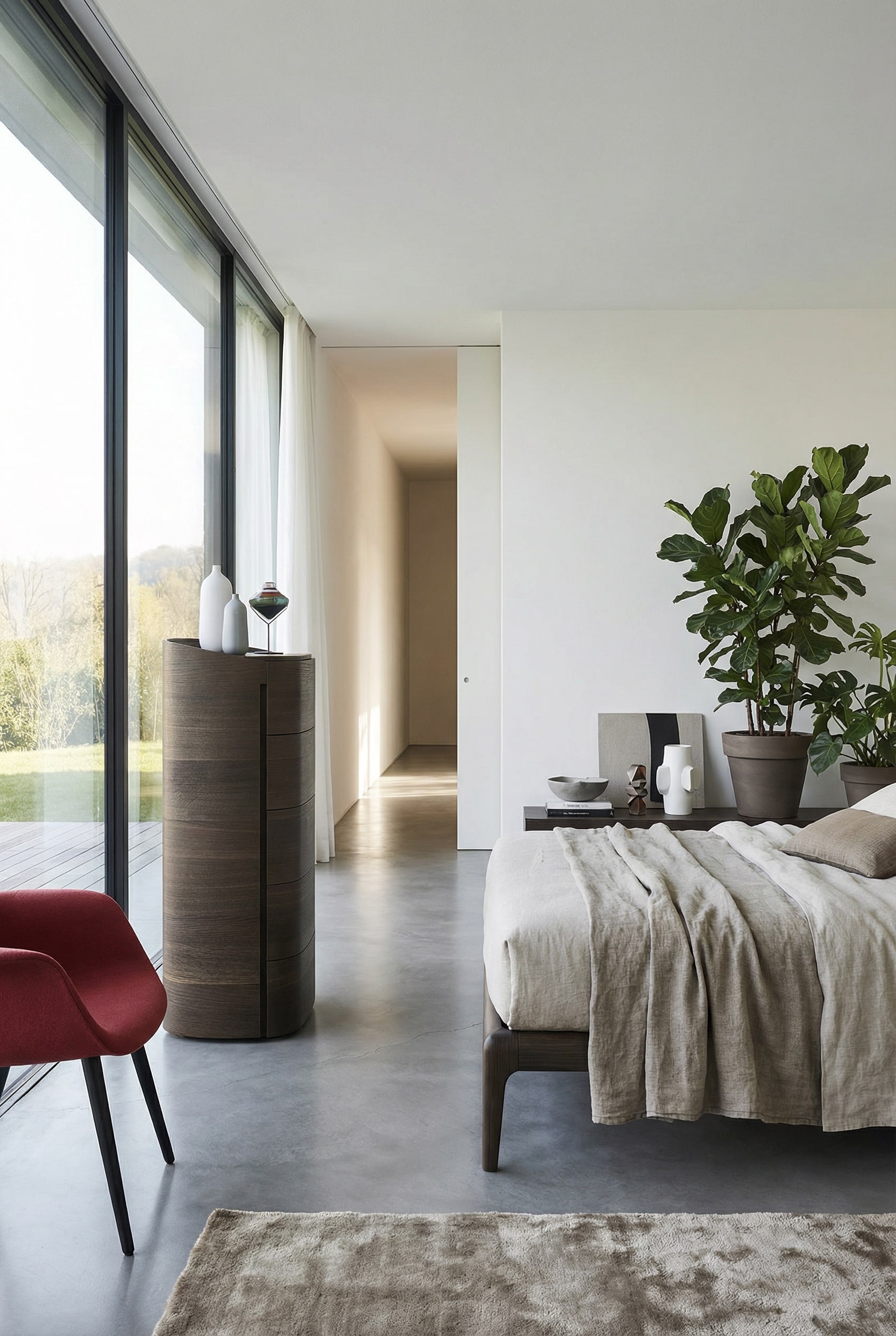 Chest of drawers with gently rounded corners in a softly lit living space. Chest of drawers with gently rounded corners in a softly lit living space.