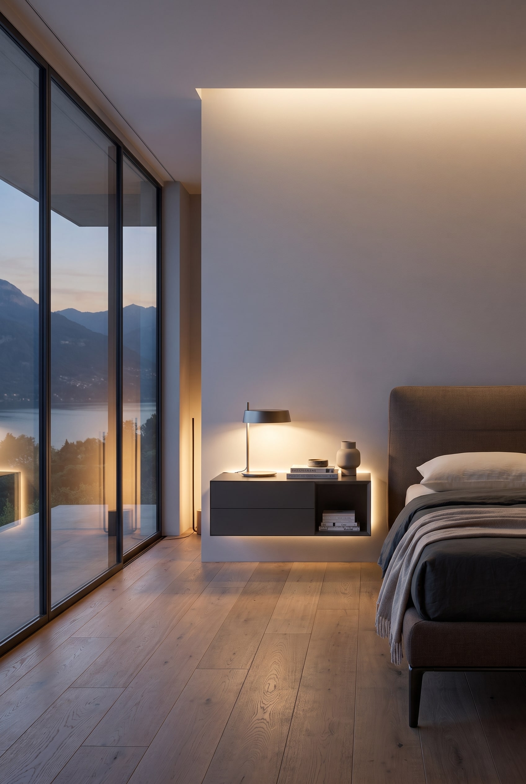 Camera da letto moderna con comodino sospeso, lampada da tavolo e vista attraverso una grande finestra panoramica su un paesaggio montano serale.