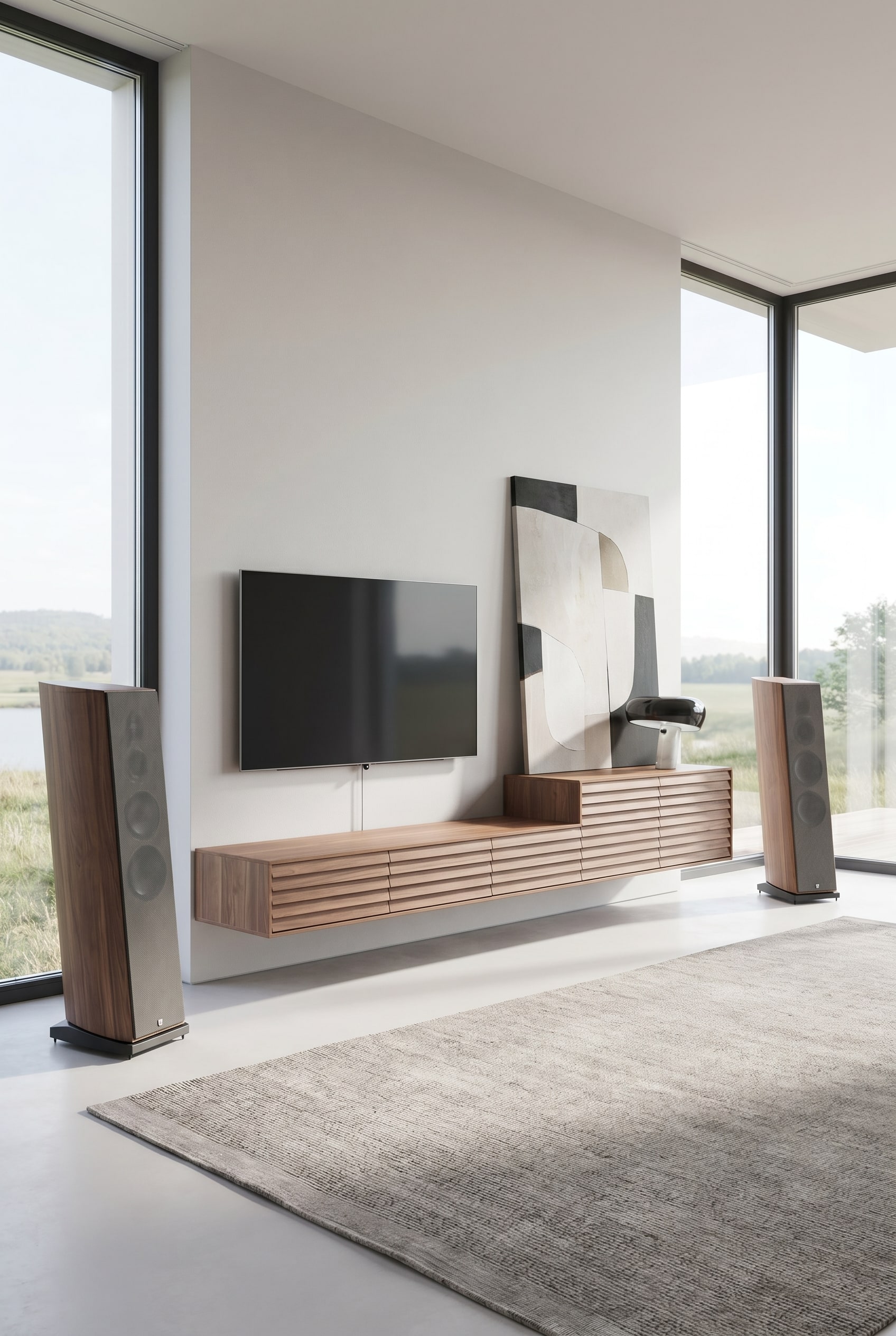 Stijlvolle tv-wand met asymmetrisch notenhouten dressoir met lamellenfront en licht ingehoekte luidsprekers