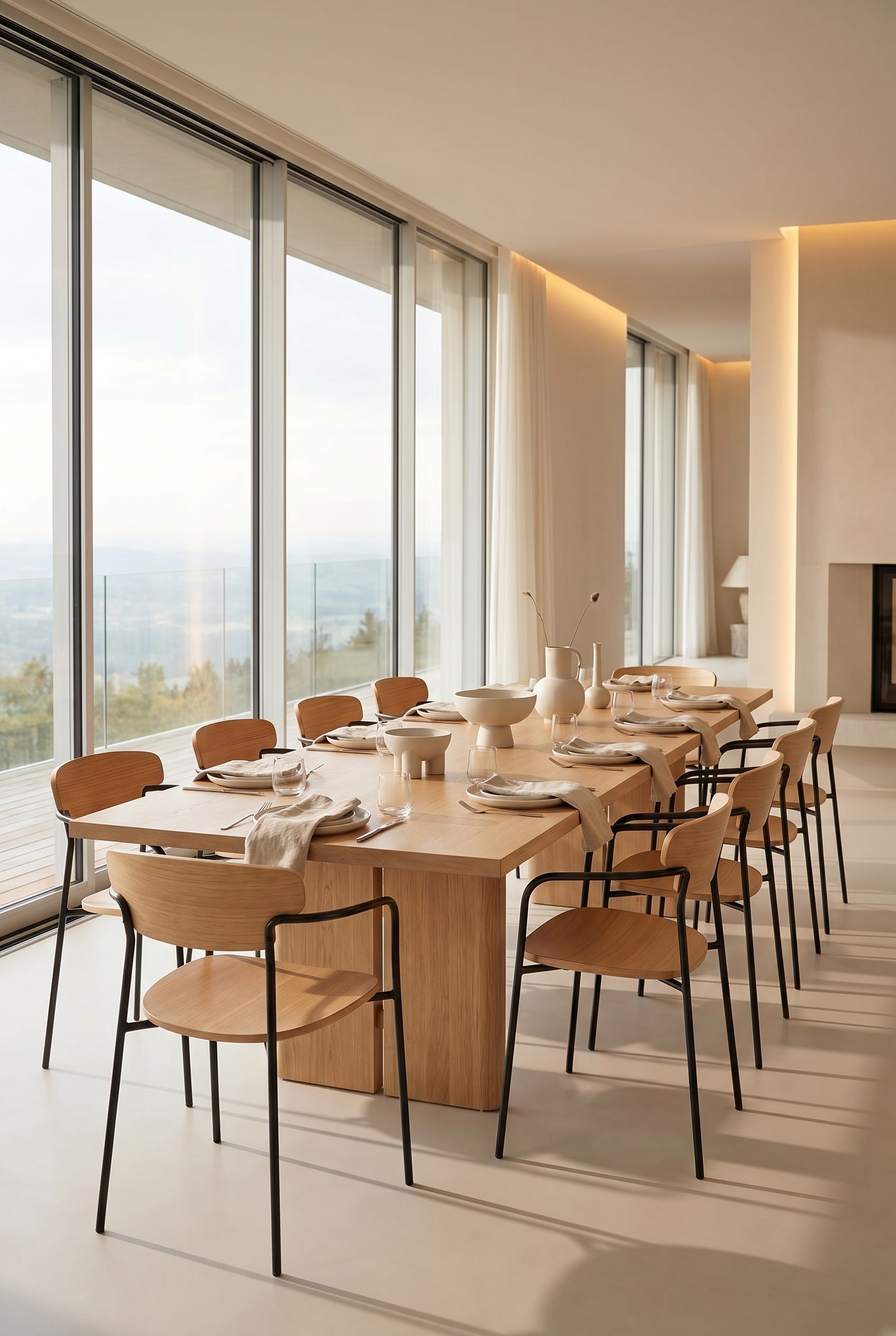 Minimalistische houten stoel met zwart metalen onderstel en eikenhouten rugleuning aan een lichte eettafel in het zonlicht