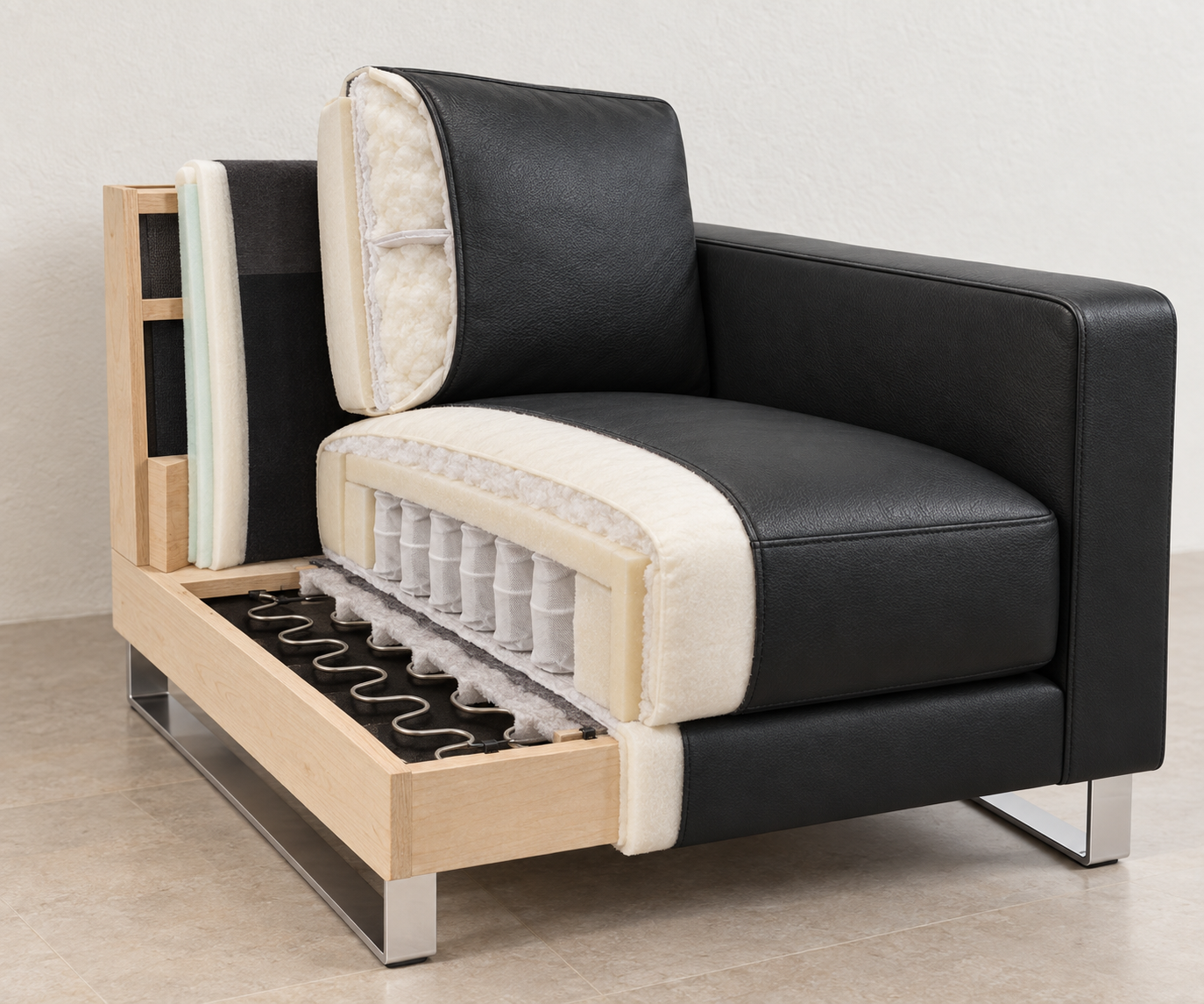 Livitalia Sofa Vinaro, 206 × 91 cm, Seminole 04 Black, genuine leather, chrome runners – Upholstery cross-section