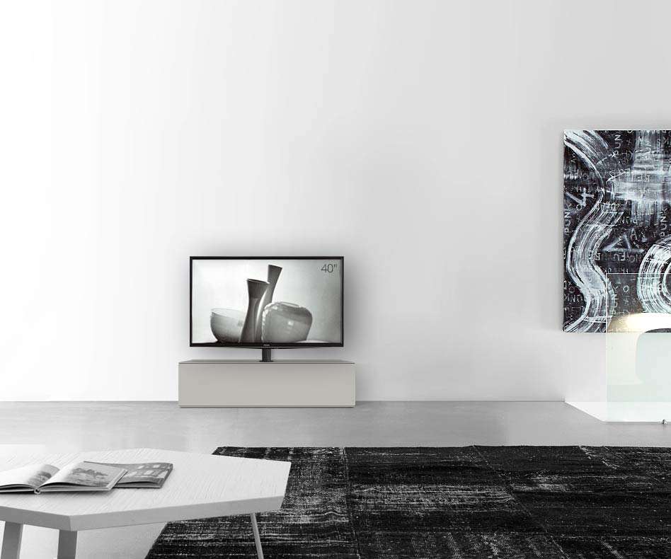 Design Lowboard Konfigurator mit TV Halterung Boden Breite 120 33,5 54,6 mitte matt hellgrau
