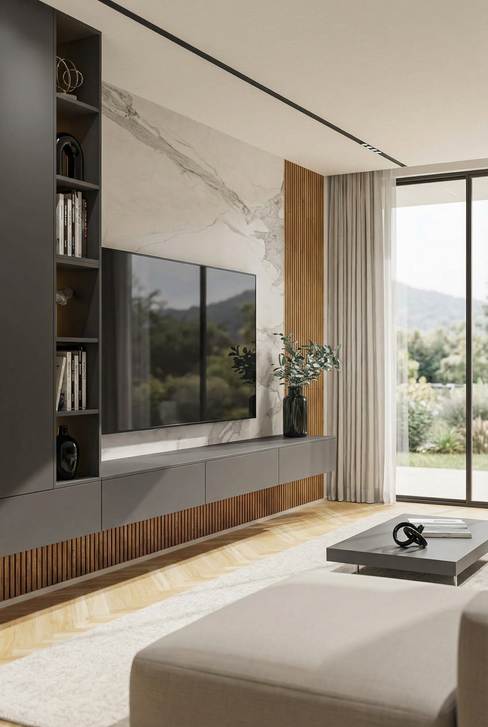 Wohnwand mit starkem Materialkontrast aus Lack und geriffeltem Holz Wohnwand mit starkem Materialkontrast aus Lack und geriffeltem Holz