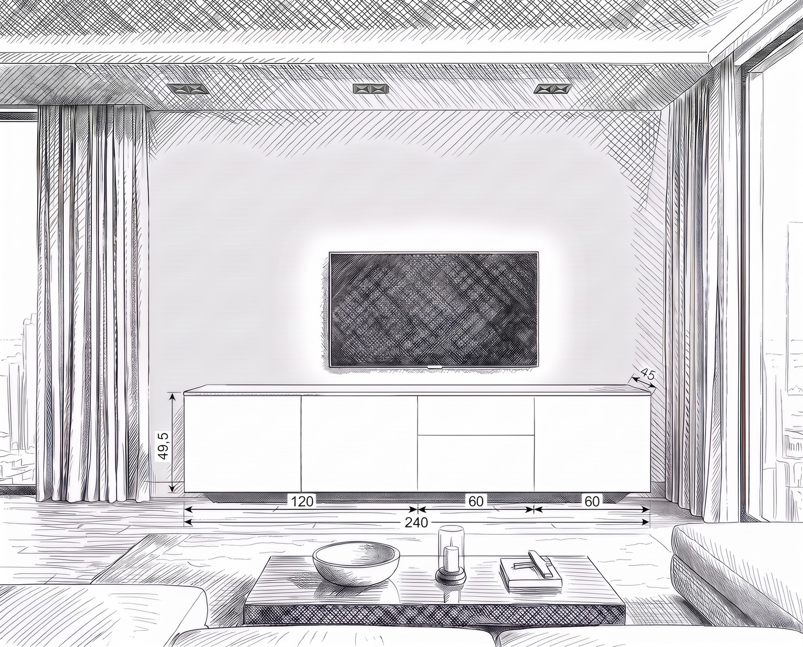 Dimension sketch Spaziora TV sideboard W 240 cm with all dimensions in cm