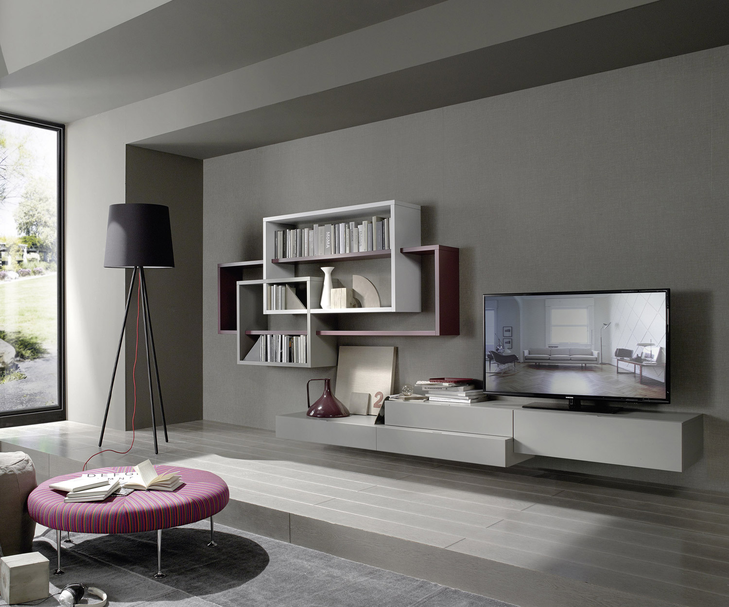 Exklusive Livitalia Design Wohnwand C59 mit Bücherregal hängend Exklusive Livitalia Design Wohnwand C59 mit Bücherregal hängend