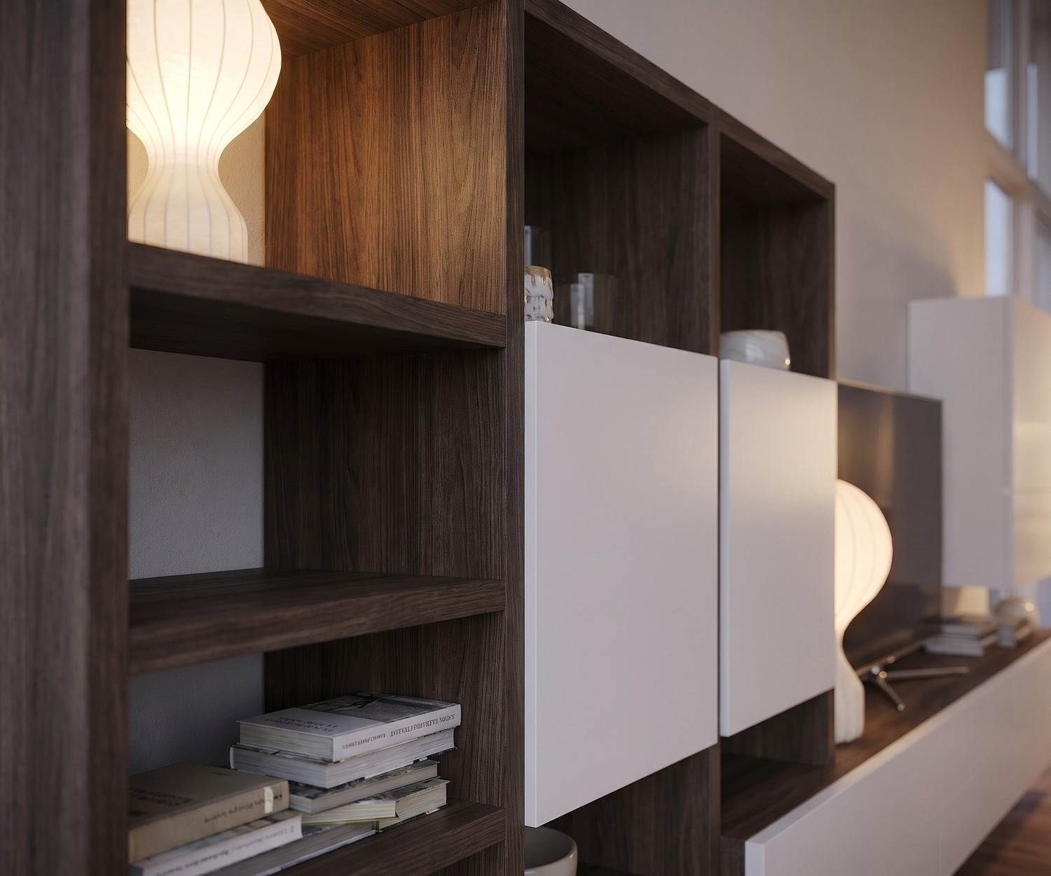 Moderne Livitalia Wohnwand C96B in Eiche Braun und Weiß Matt mit beleuchtetem Regal und Lowboard fürs Wohnzimmer.