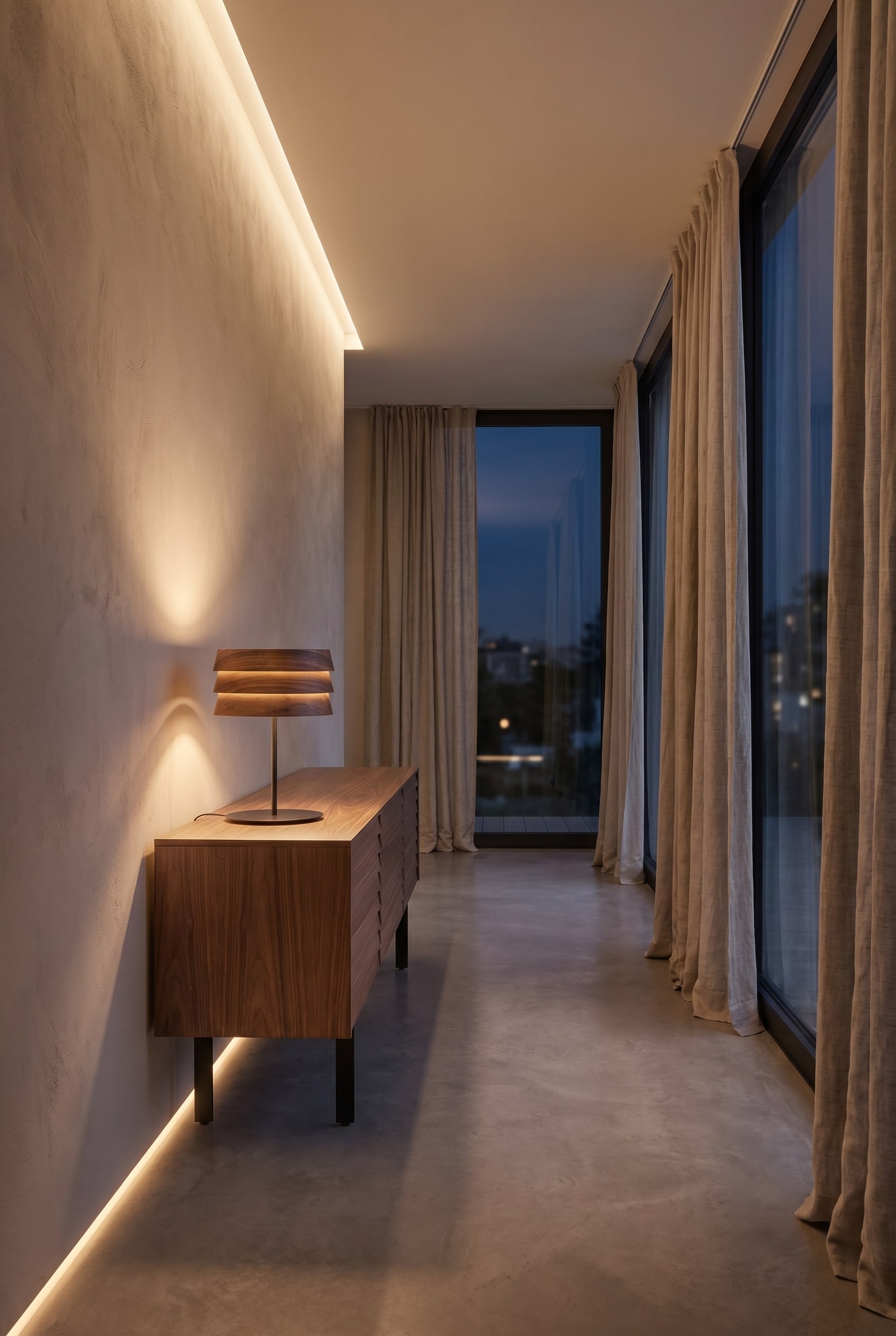 Moderne woonkamer met smalle plattegrond, notenhouten dressoir en houten tafellamp in gelaagd design bij zacht avondlicht