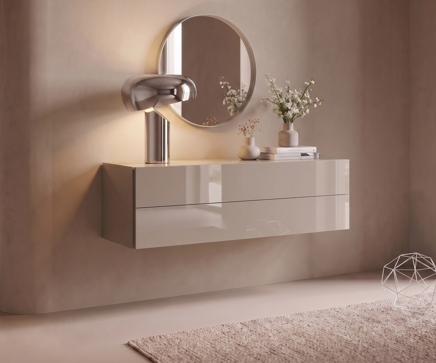 Novamobili Hängekommode Easy im Flur. Schwebendes Sideboard in Hochglanz Sandbeige mit modernem Design & zwei Schubladen.