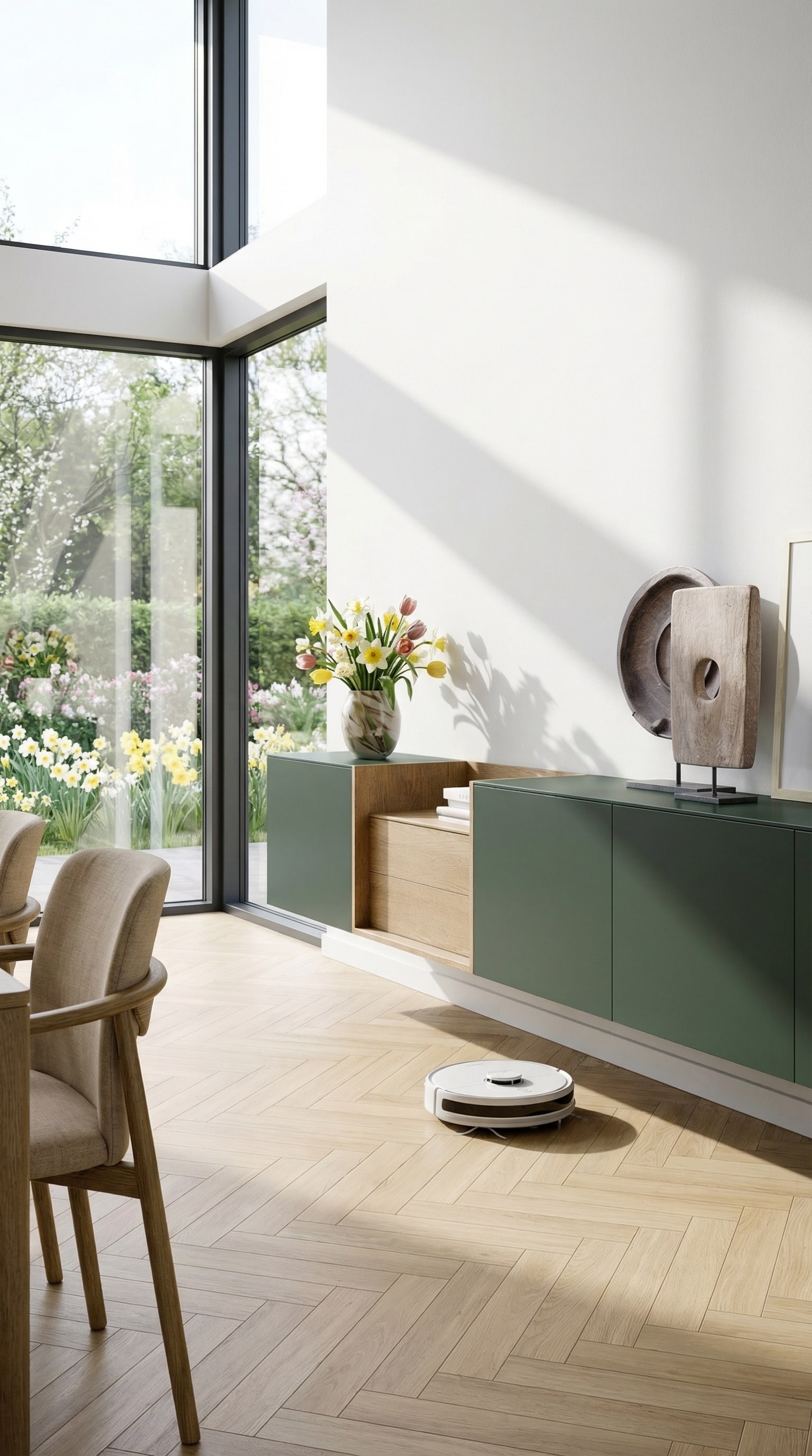 Minimalistisches, an der Wand montiertes Sideboard im hellen, luftigen Wohnzimmer. Minimalistisches, an der Wand montiertes Sideboard im hellen, luftigen Wohnzimmer.