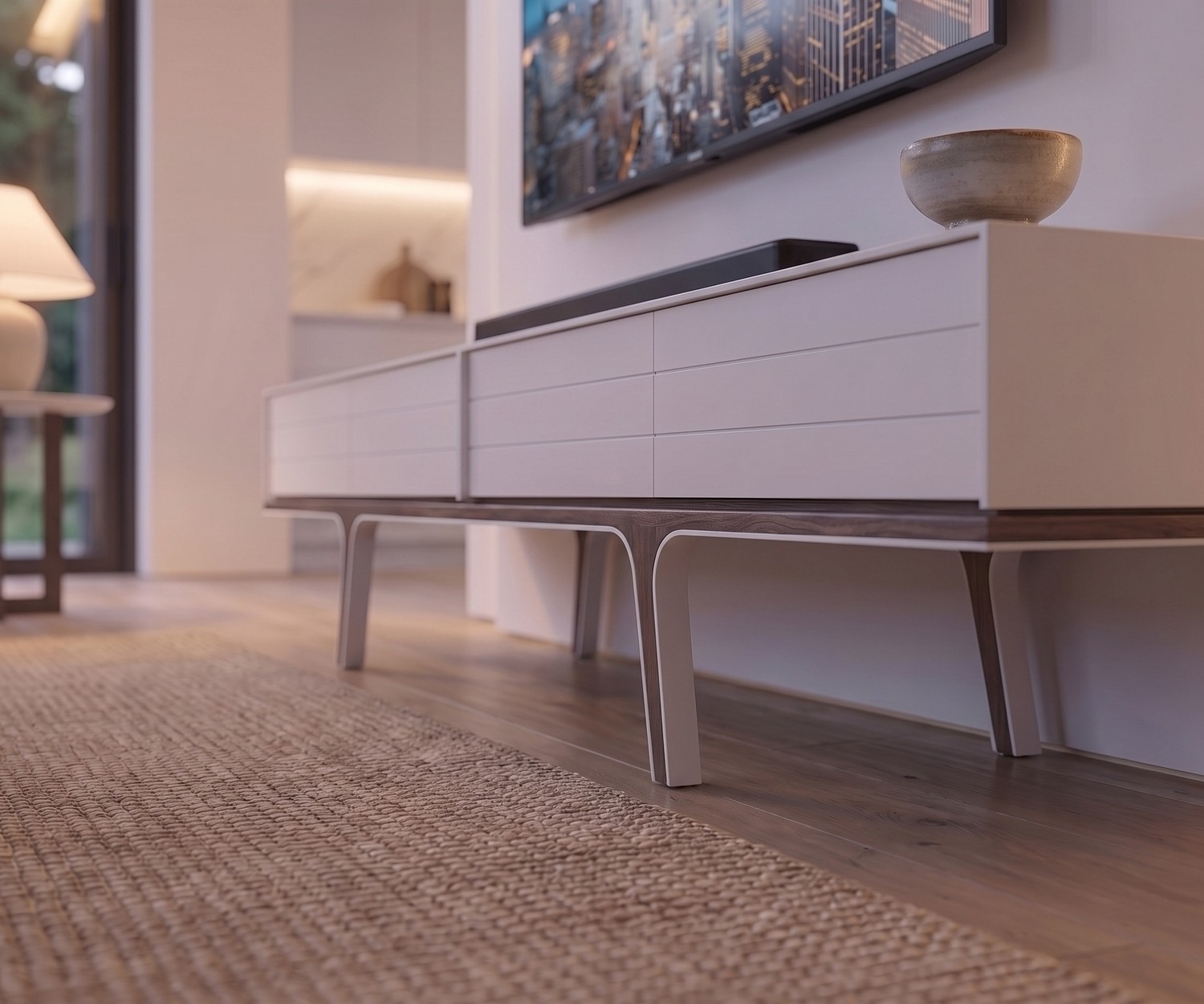 Design TV-Lowboard al2 Mobius 004 mit Holzbeinen Design TV-Lowboard al2 Mobius 004 für das Wohnzimmer in Weiß matt mit massiven Beinen aus Eukalyptusholz.