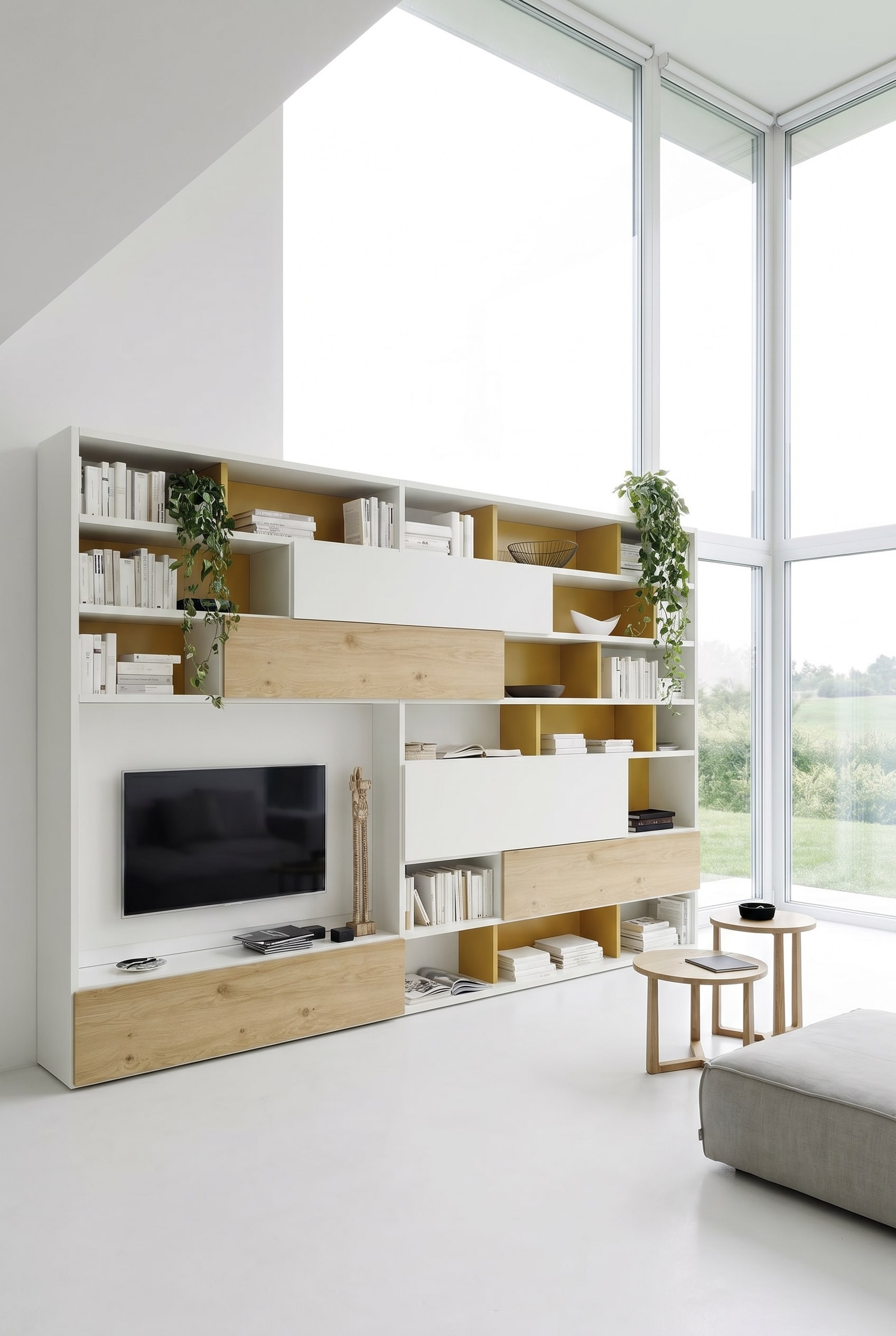 Soggiorno con libreria C51 in rovere chiaro e bianco, decorato con volumi illustrati e una scultura minimalista