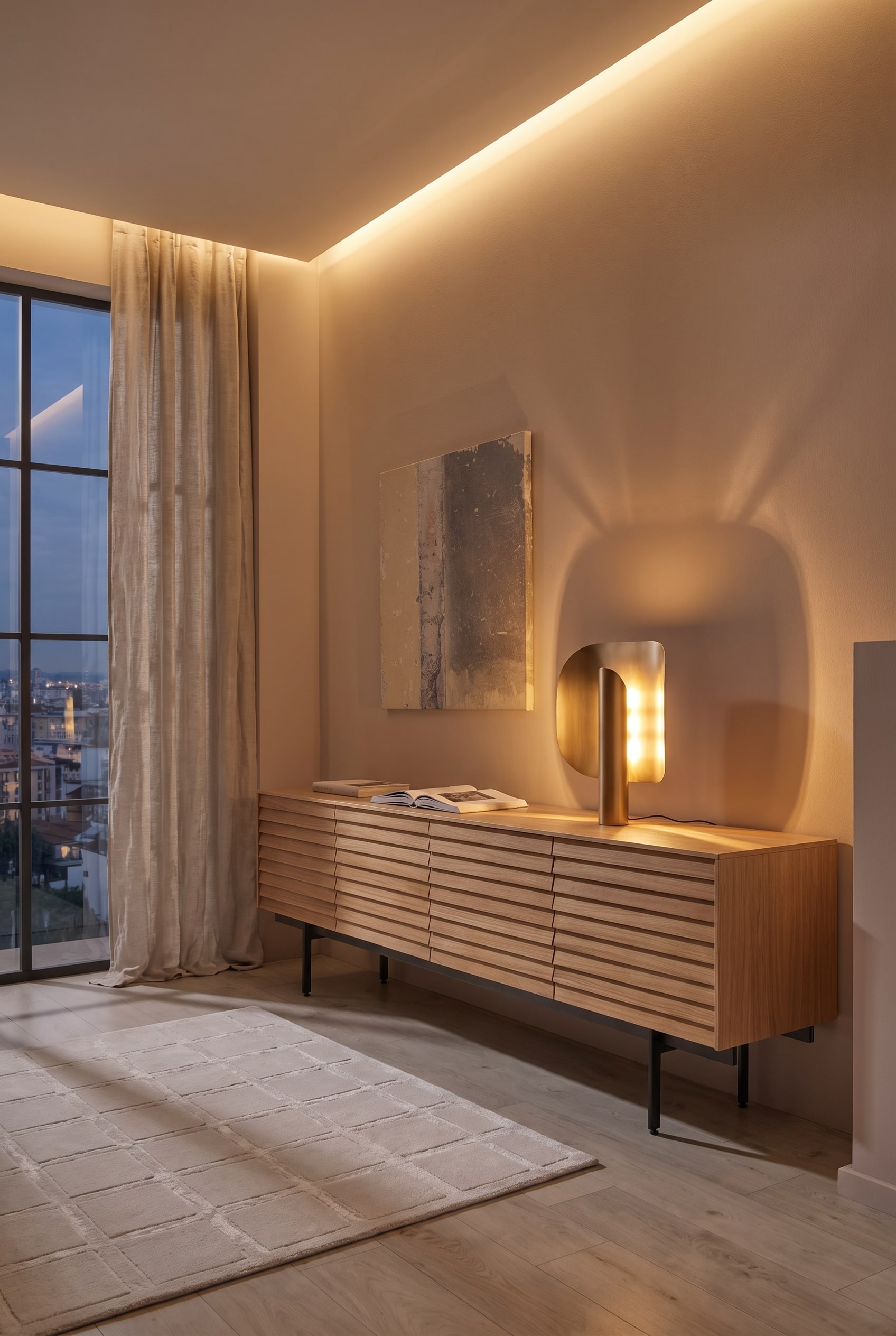 Living room with floor-to-ceiling windows, bright slatted oak sideboard, and abstract wall art above it
