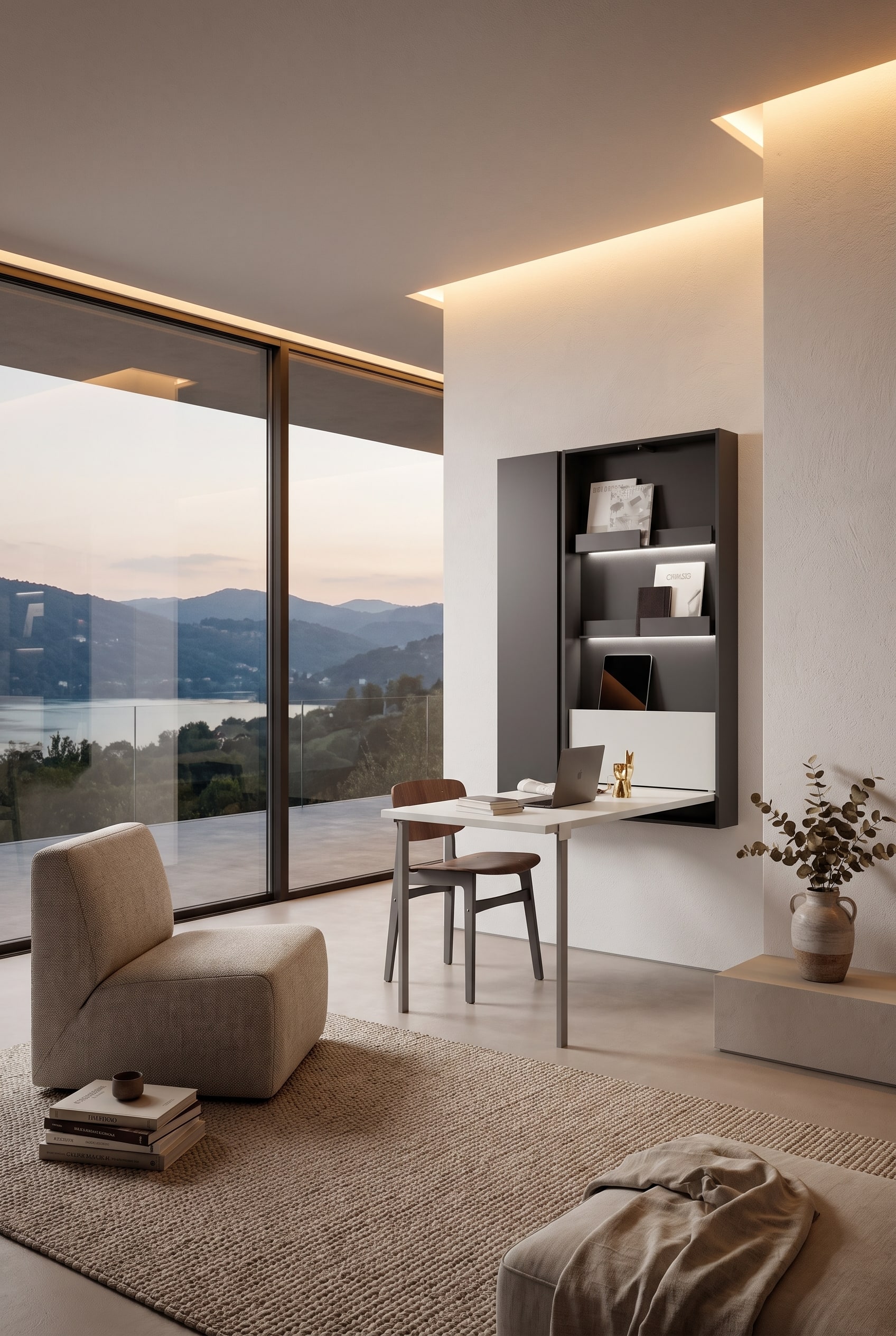 Moderne woonkamer met een gesloten witte wandklaptafel, een minimalistische fauteuil en een designvaas met takken.