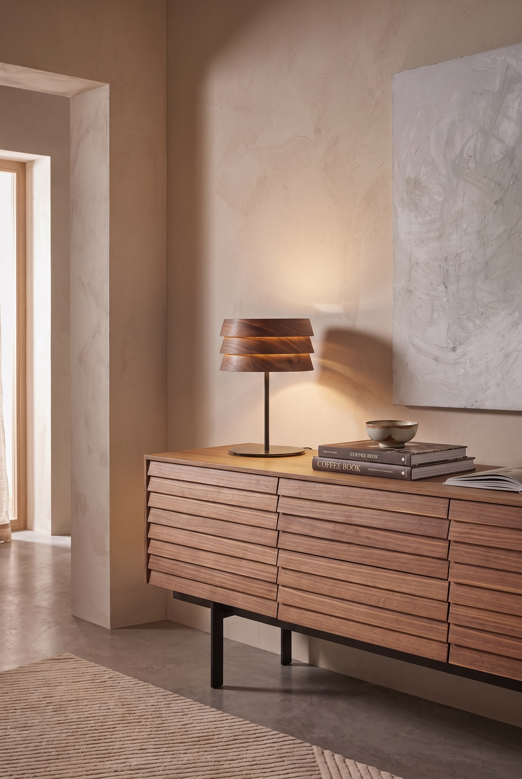 Corridoio moderno con lampada da tavolo a lamelle di legno su una consolle piatta, luce calda e libro di design