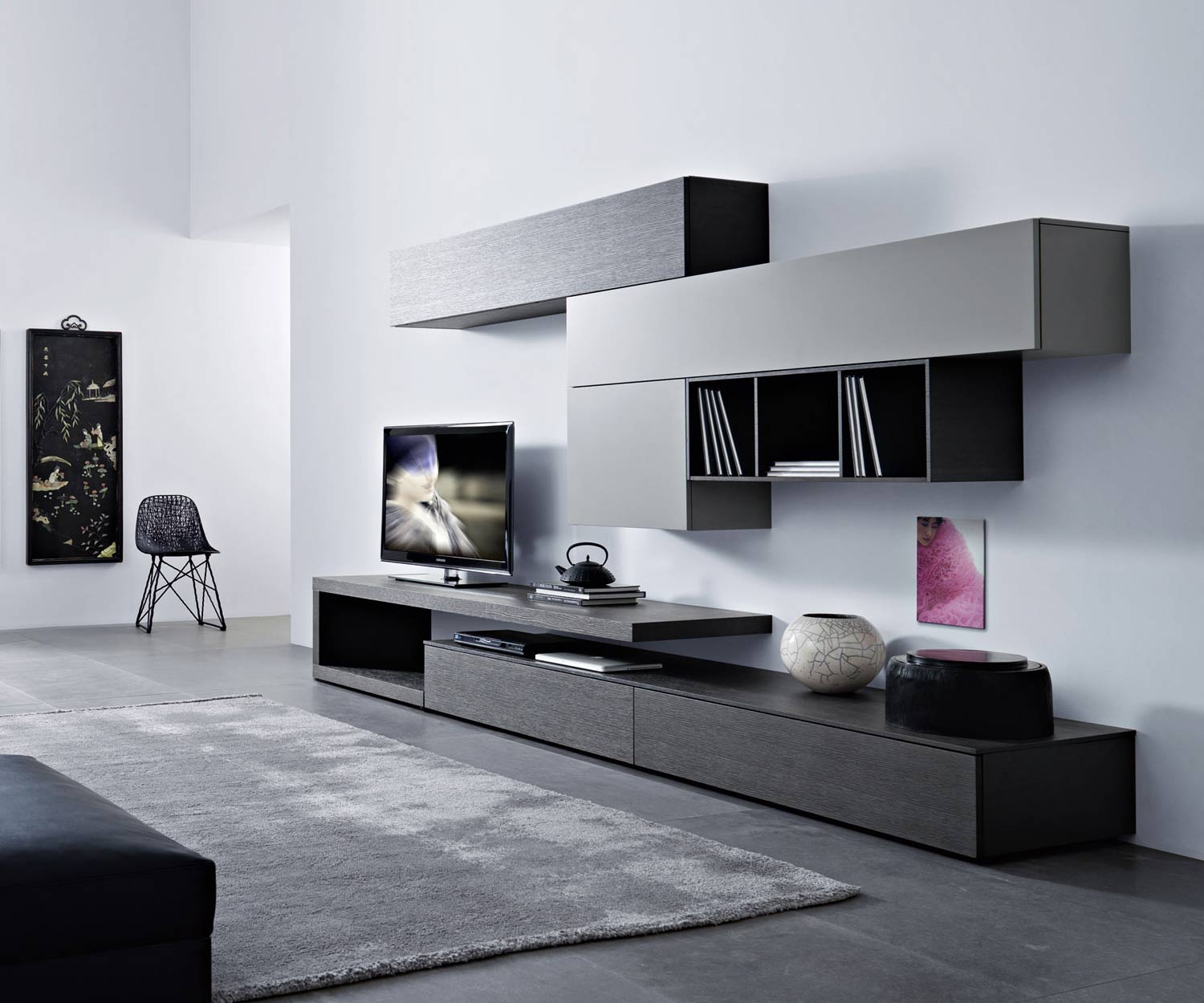 Modern design wall unit C99 with Carbone oak and floating TV board