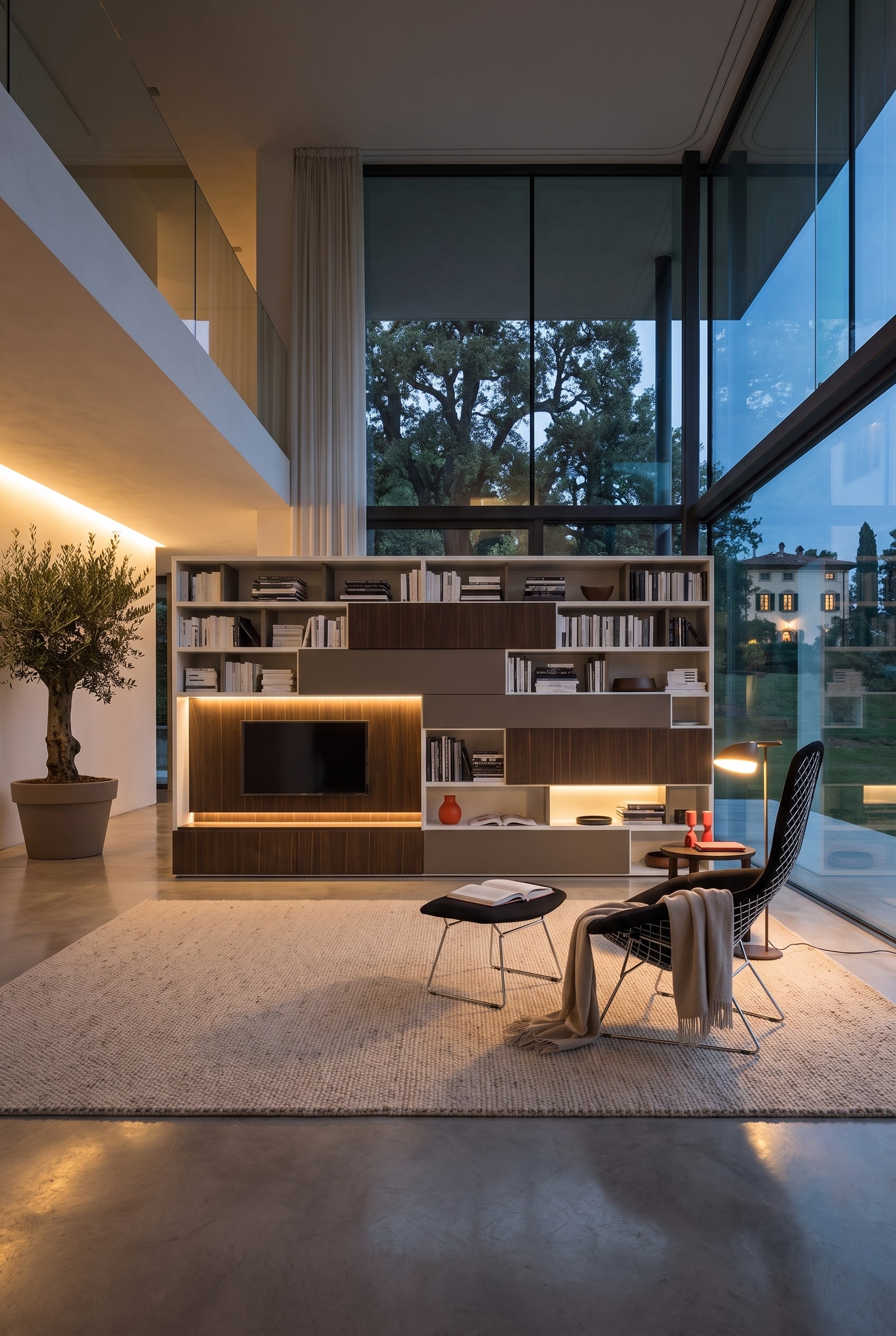 Salle de lecture architecturale avec une bibliothèque blanche pleine hauteur, une échelle et un fauteuil de lecture élégant