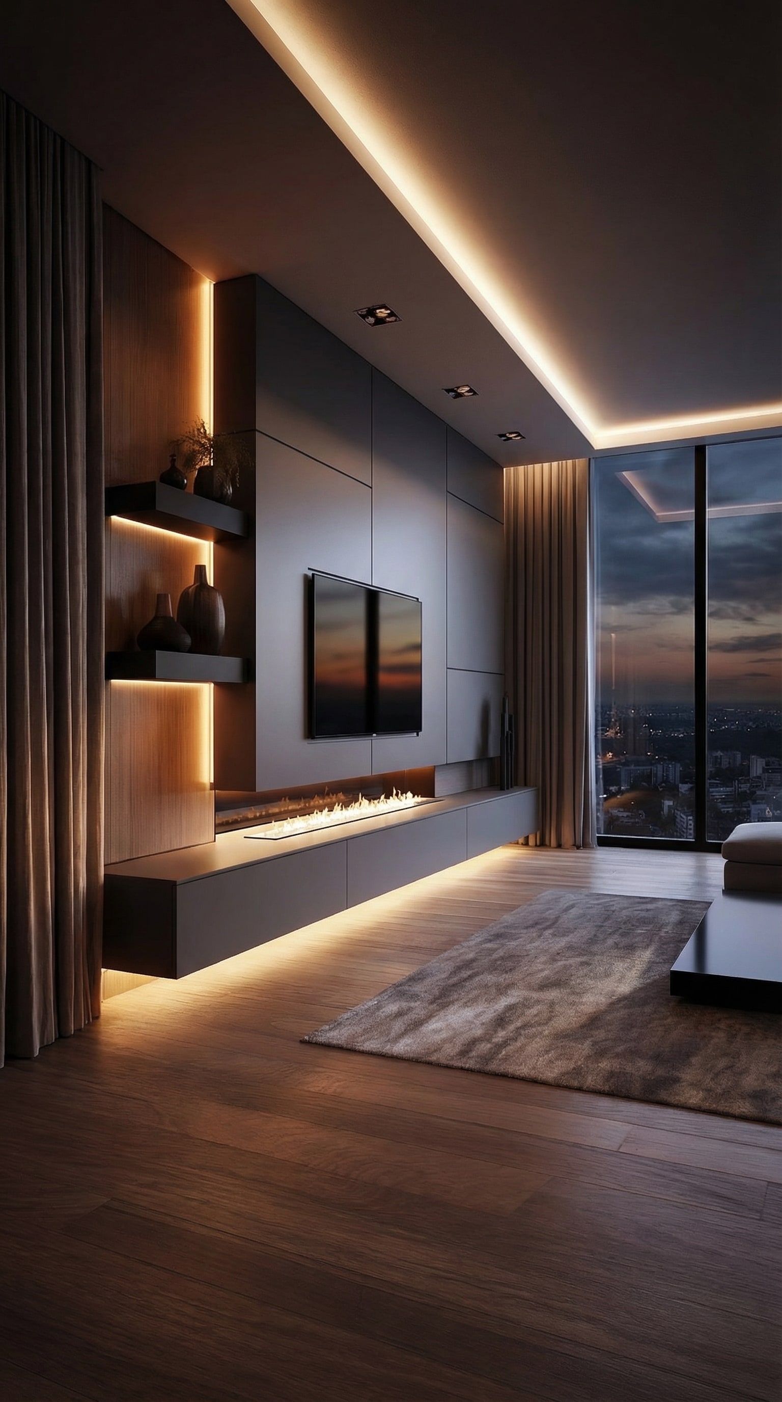 Meuble TV Livitalia C102 luxueux avec éclairage LED indirect intégré dans un salon moderne Meuble TV Livitalia C102 luxueux avec éclairage LED indirect intégré dans un salon moderne