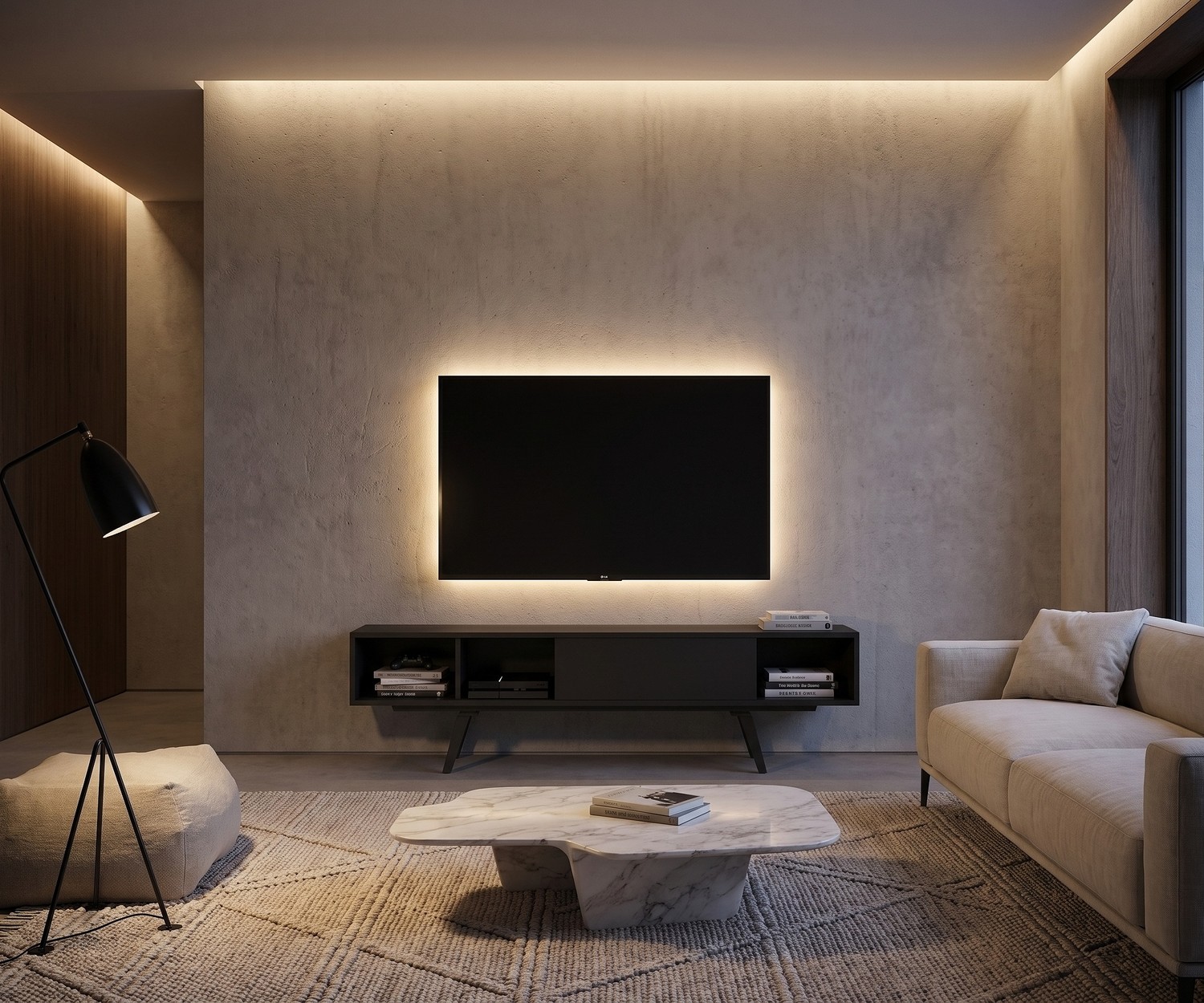 Modern TV lowboard al2 e-klipse 005 in black al2 e-klipse 005 TV lowboard in a minimalist living room below a backlit television.