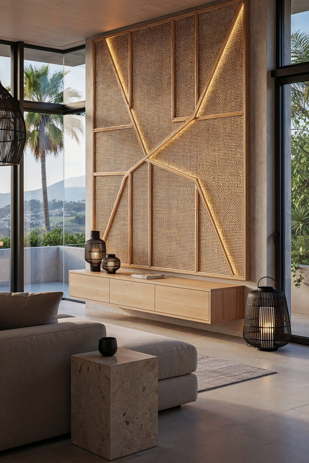 beleuchtetes-wandpaneel-aus-rattan-ueber-einem-lowboard-aus-holz