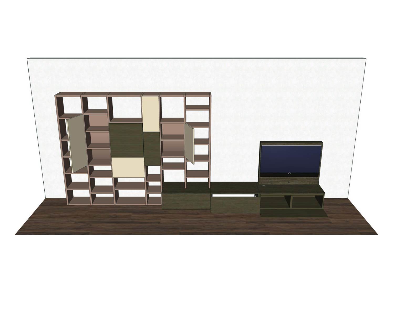 Livitalia Design Wohnwand C45 offene Türen und Fächer vom Regal als Skizze