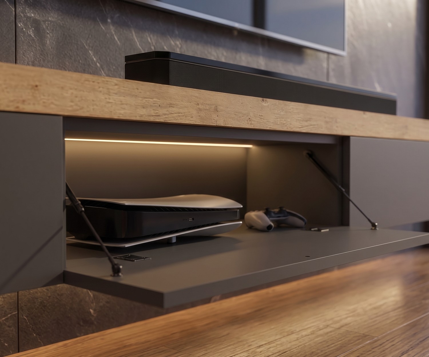 Hängendes TV Lowboard im Wohnzimmer: Livitalia Lowboard mit dicker Abdeckplatte aus Holz, dunkle Wandpaneele, modernes Design für ein perfektes Gaming Wohnzimmer