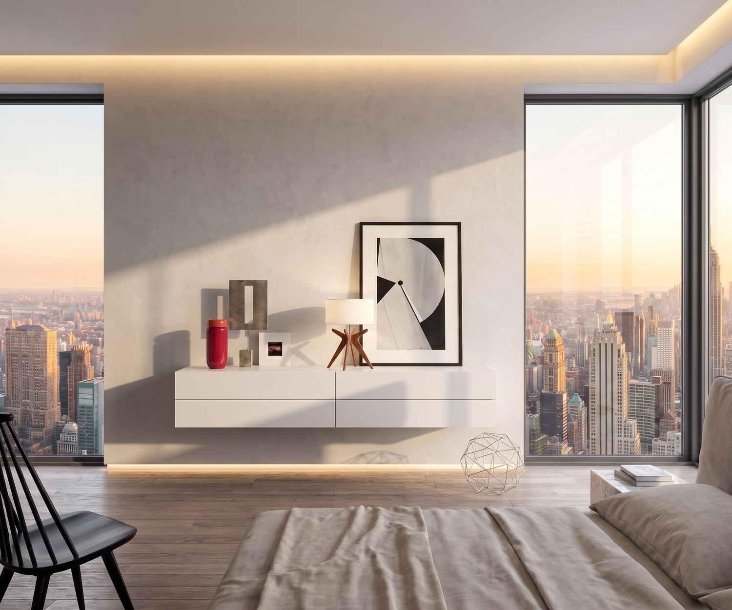 Hängekommode im Schlafzimmer: Novamobili Easy mit 4 Schubladen in Weiß vor Panoramafenster mit Skyline. Modernes Design.