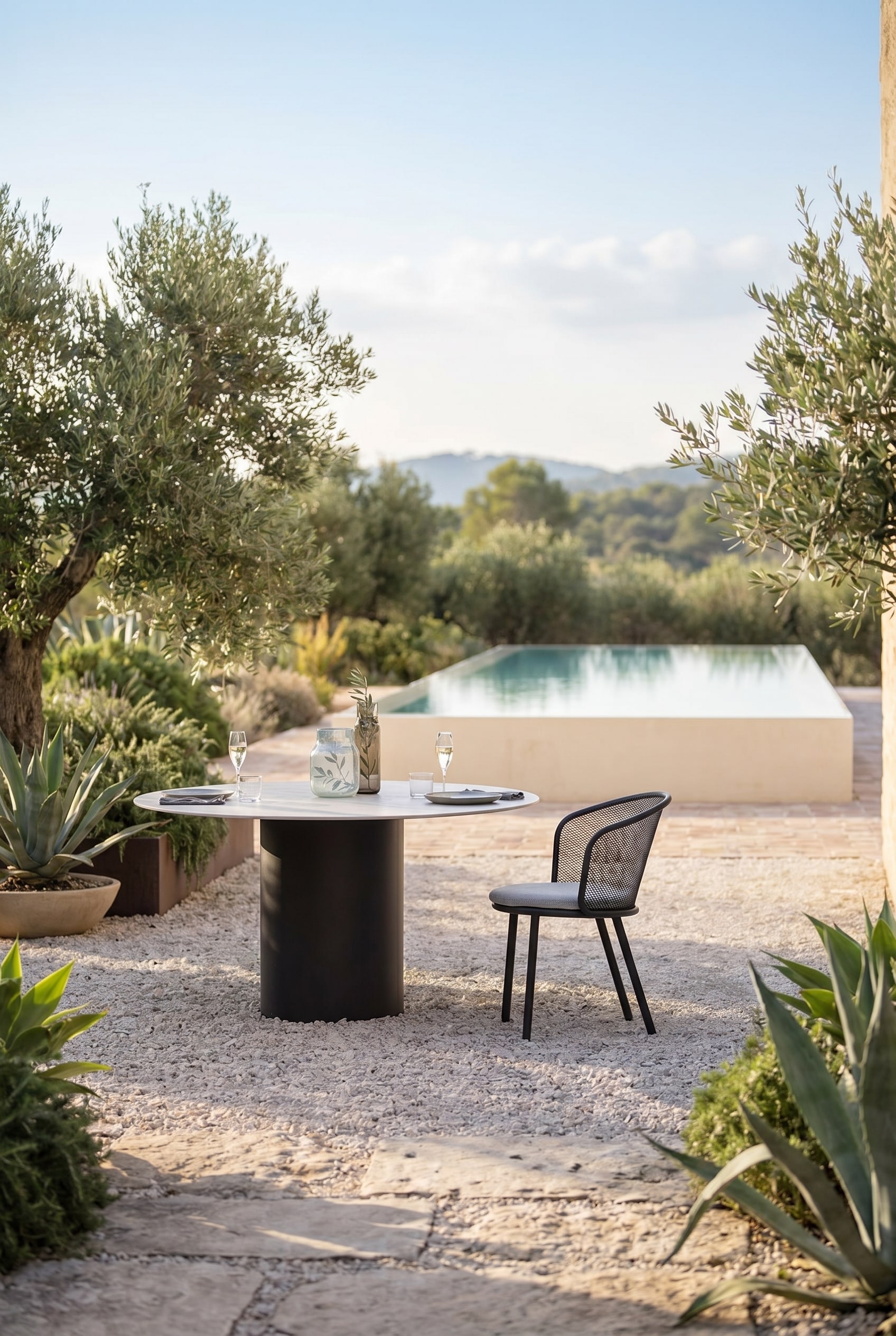 Terrasse en gravier clair avec table d'extérieur ronde et chaises de jardin modernes avec dossier incurvé en métal déployé noir