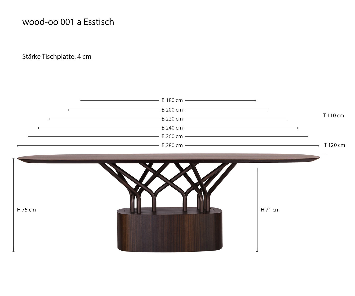 Designer Esszimmertisch wood oo 001 von al2 Maße Skizze Größen Größenangaben