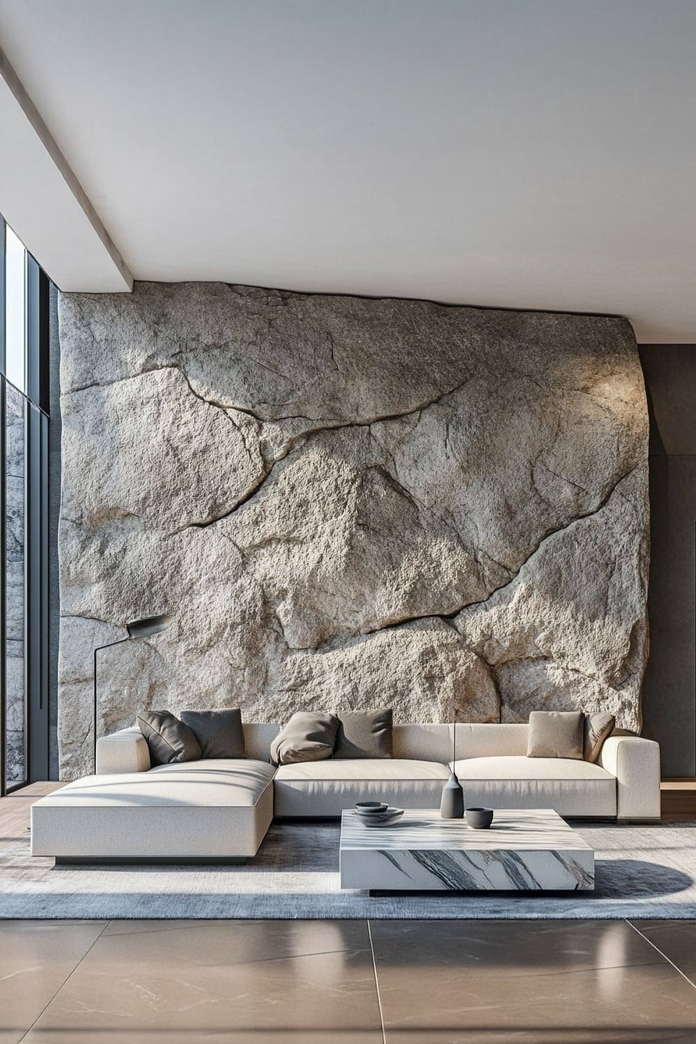 ton-in-ton-wohnzimmer-mit-hellgrauer-couch-marmoriertem-tisch-und-wand-in-authentischer-steinoptik