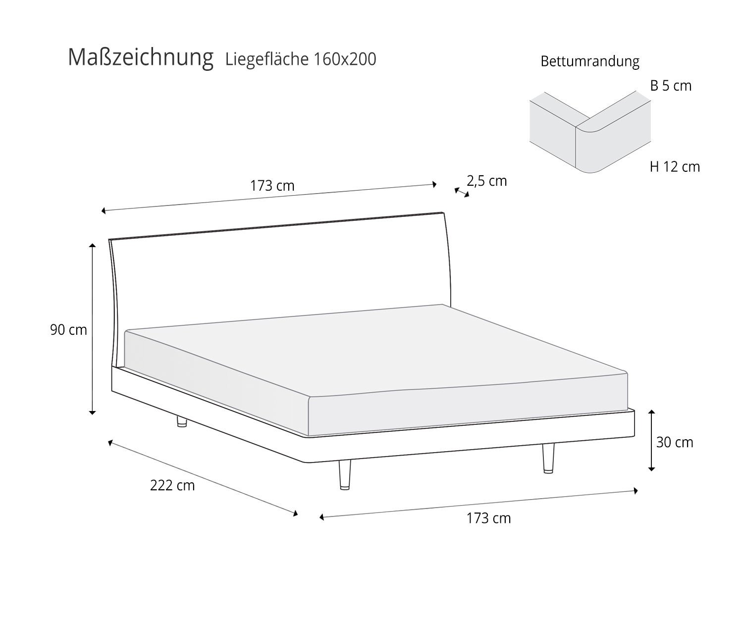 Designer Bett Bend von Novamobili Skizze für 160er Liegefläche