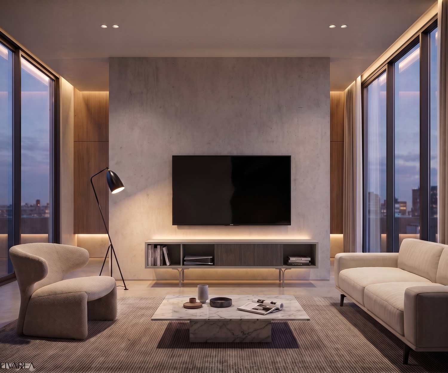 al2 Mobius 005 TV-Lowboard im modernen Wohnzimmer mit grauem Korpus, Holzschublade und grazilen Beinen vor Betonwand