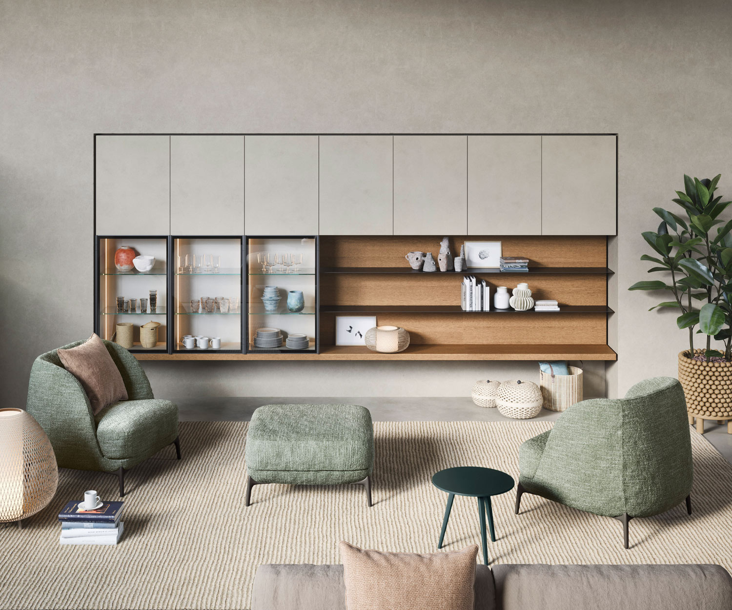 Große Design Wohnwand Novamobili LV013 hängend mit Regalböden und Schränken Große Design Wohnwand Novamobili LV013 hängend mit Regalböden und Schränken
