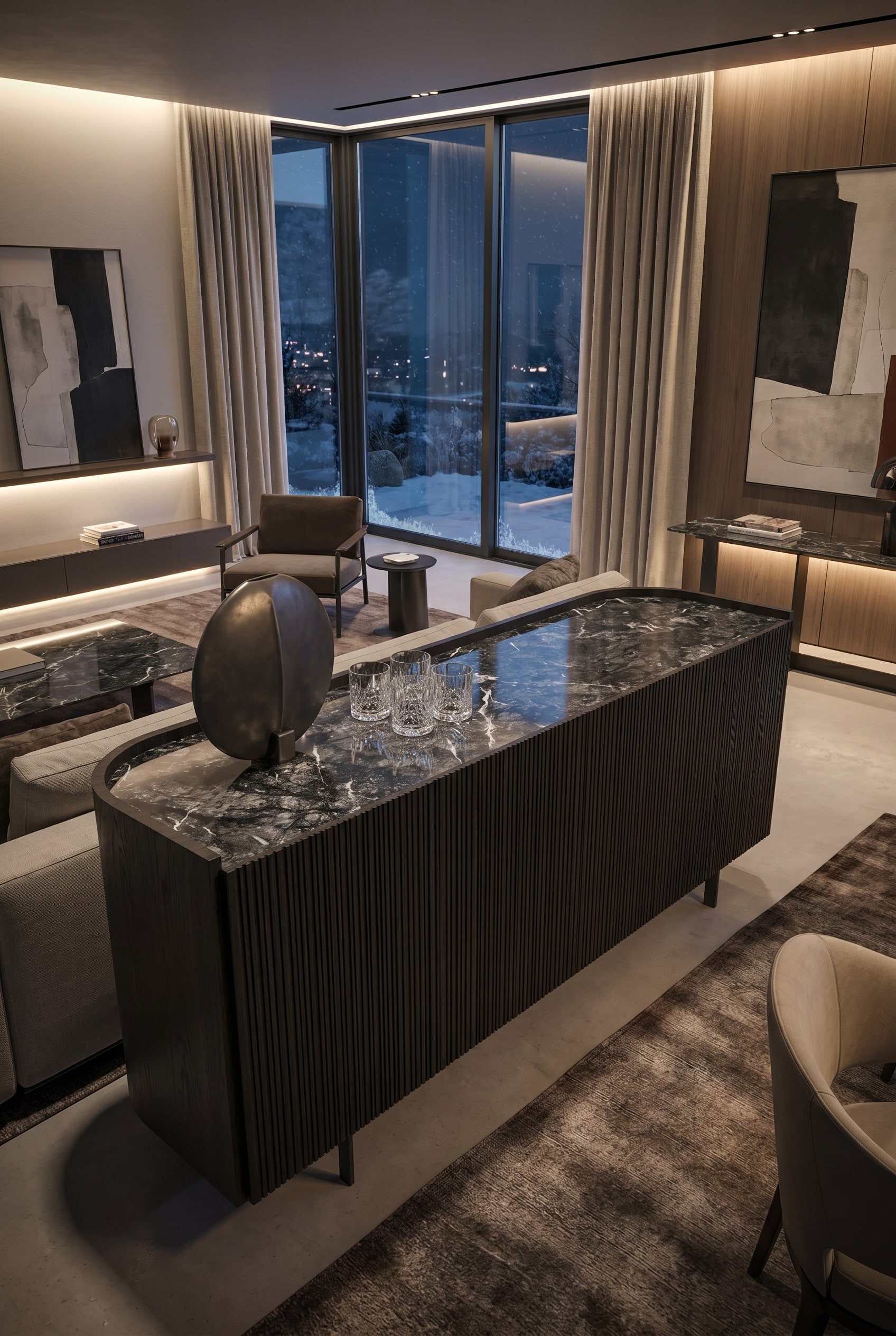 Moderne woonkamer met ovaal, donker geribbeld highboard van hout, gebruikt als bar, zacht winterlicht