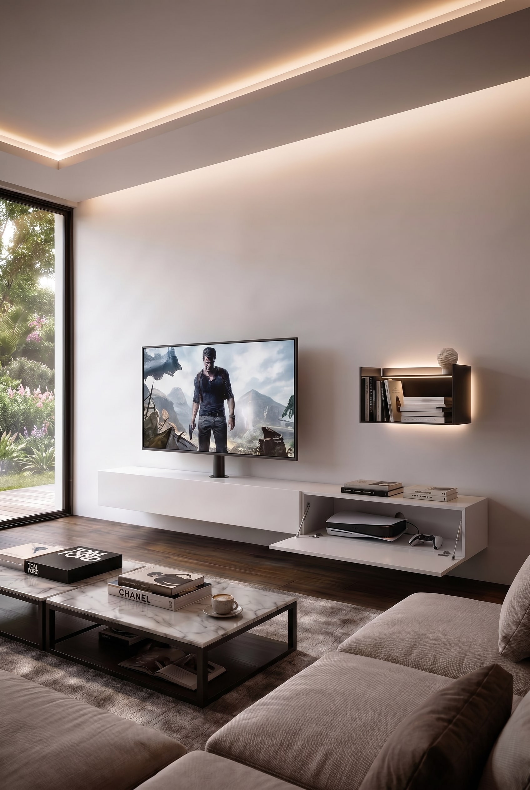 Soggiorno minimalista con lowboard bianco opaco, televisore e tavolino da caff&egrave; moderno