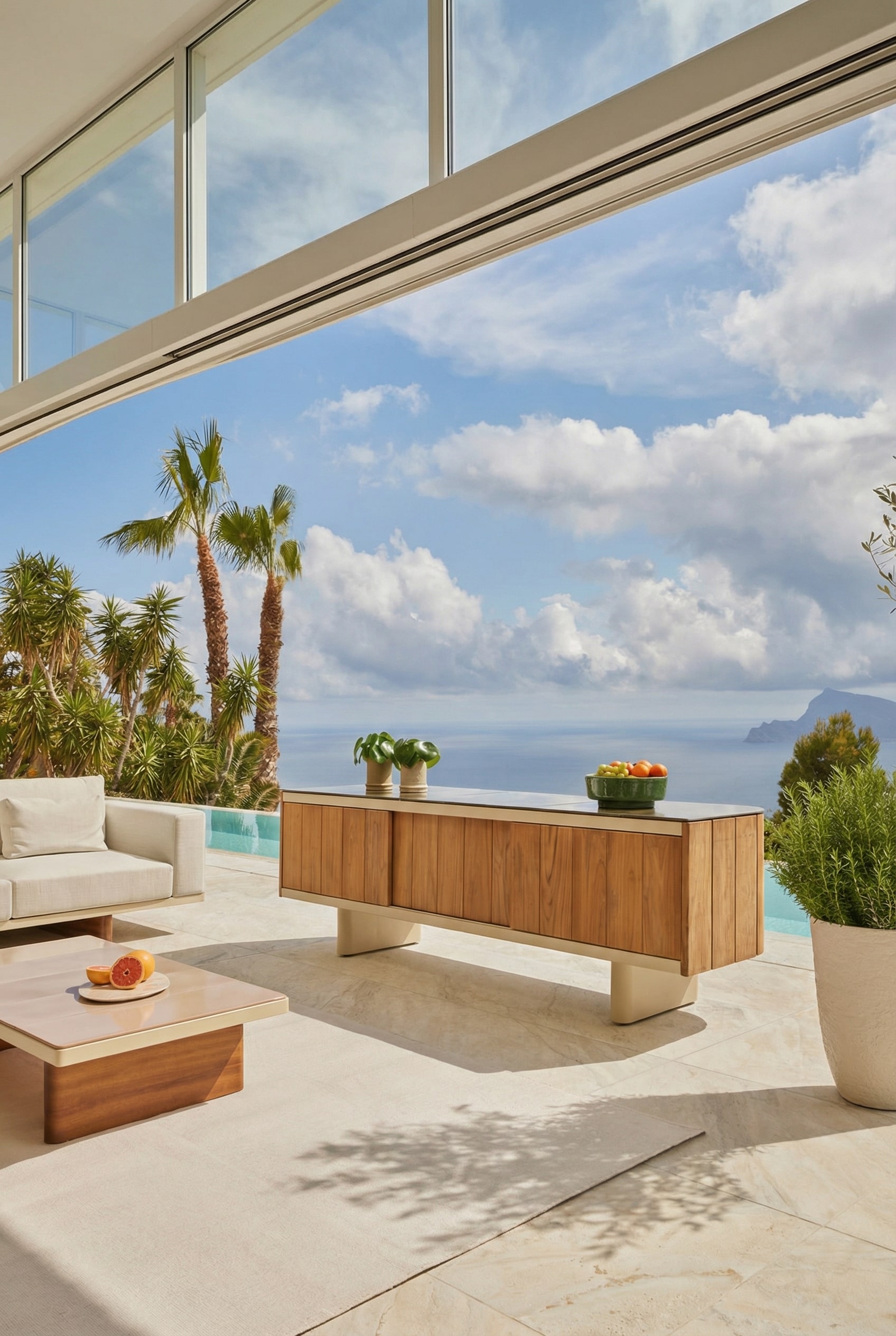 Weerbestendig outdoor dressoir van hout op een terras