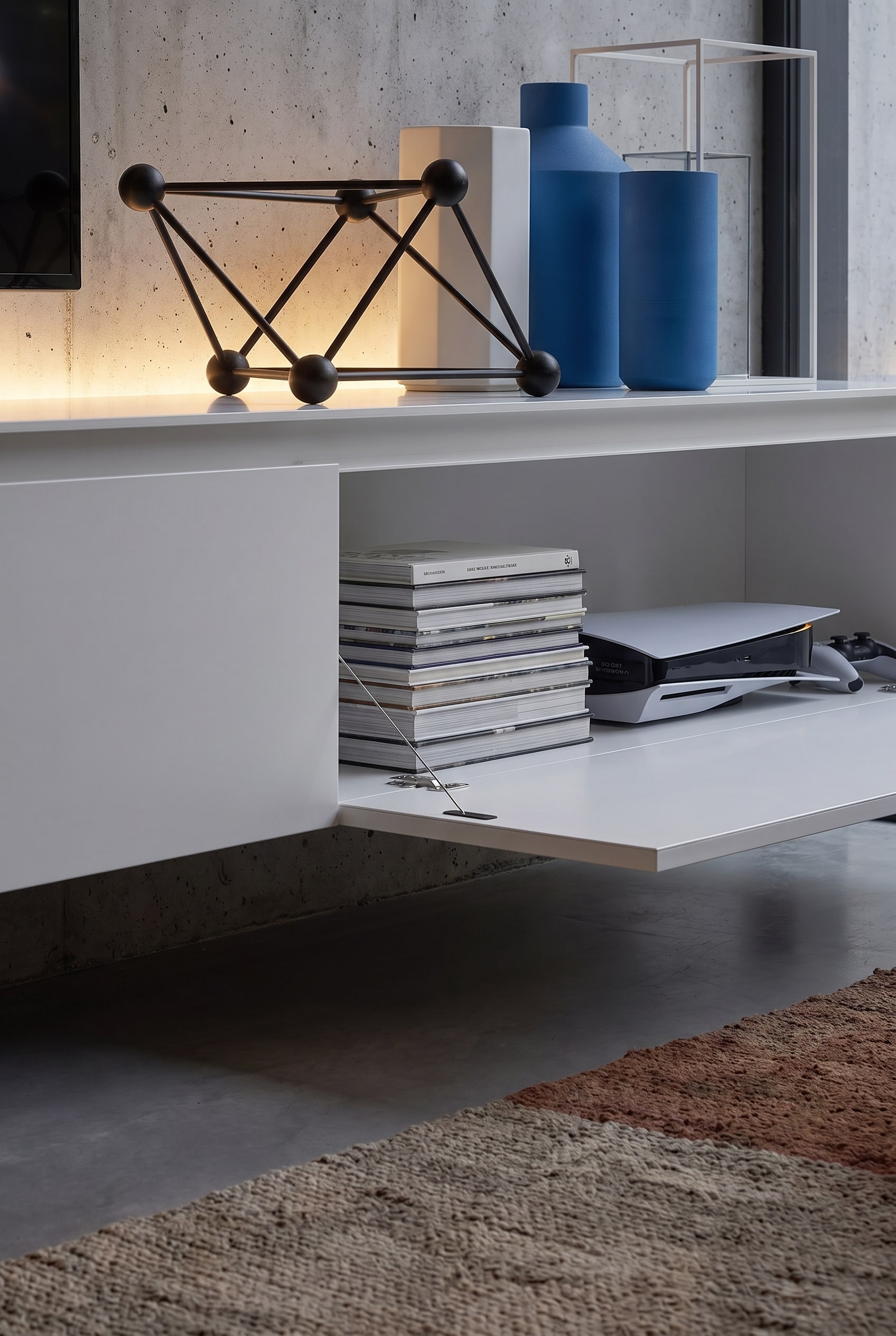 Geopend vak van een wit dressoir met gestapelde boeken en een moderne spelconsole.