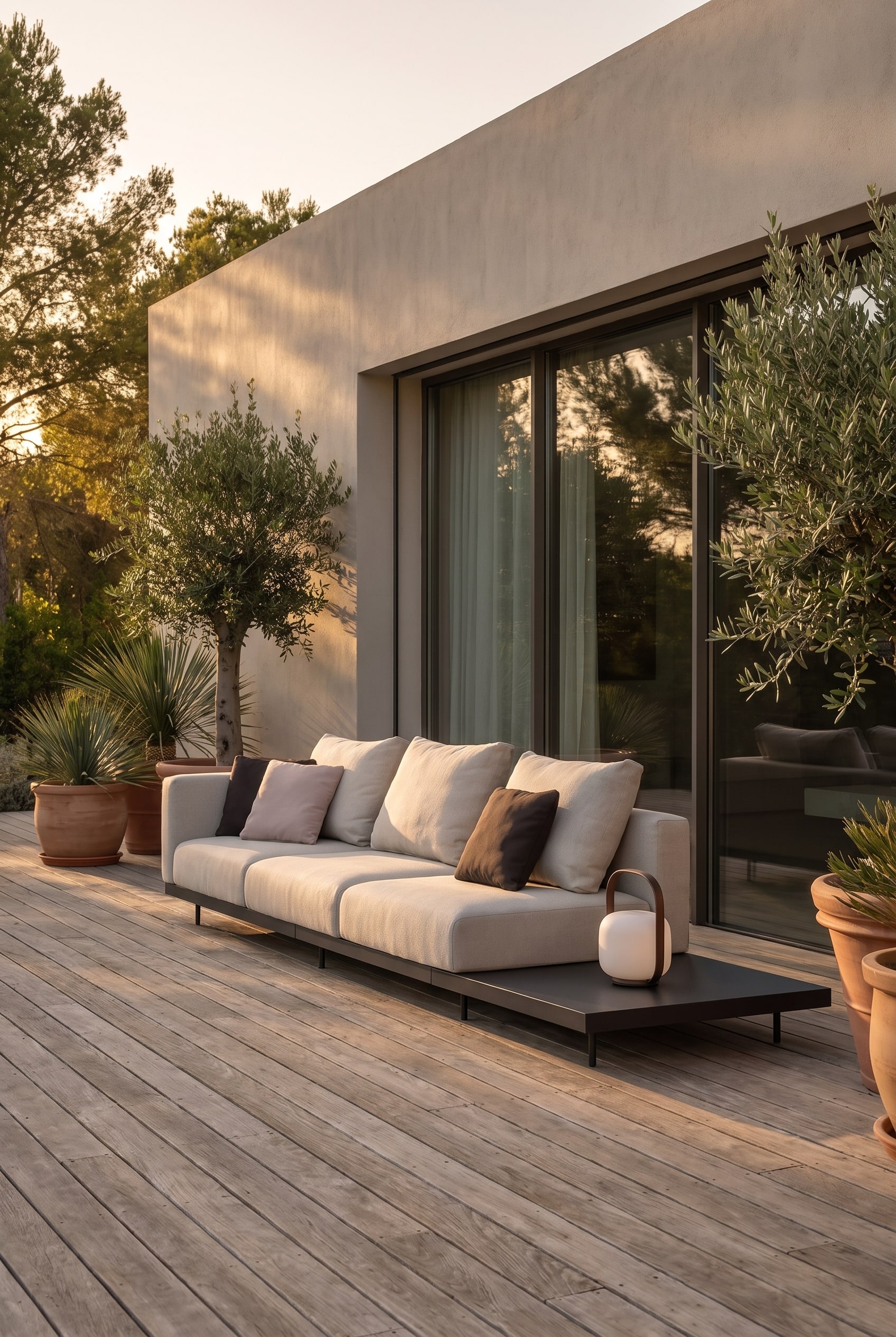 Terrazza in legno con area lounge ombreggiata, arredata con un grande divano modulare da esterno beige davanti a una moderna parete di casa stilizzata