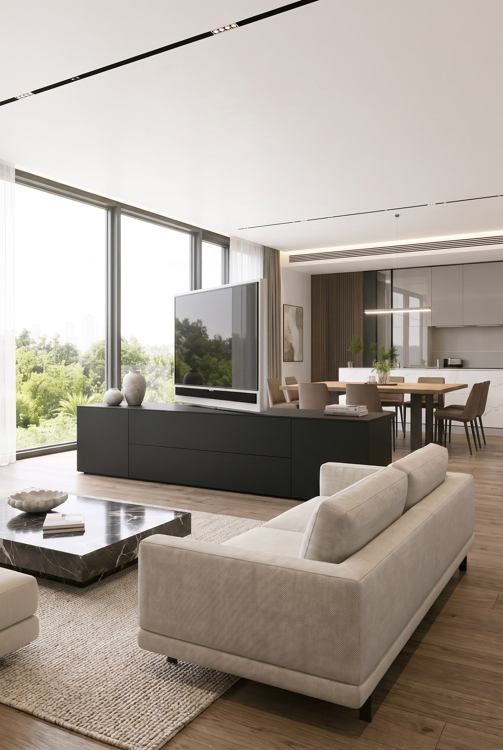 Open living-dining area with freestanding room divider sideboard and swiveling TV panel