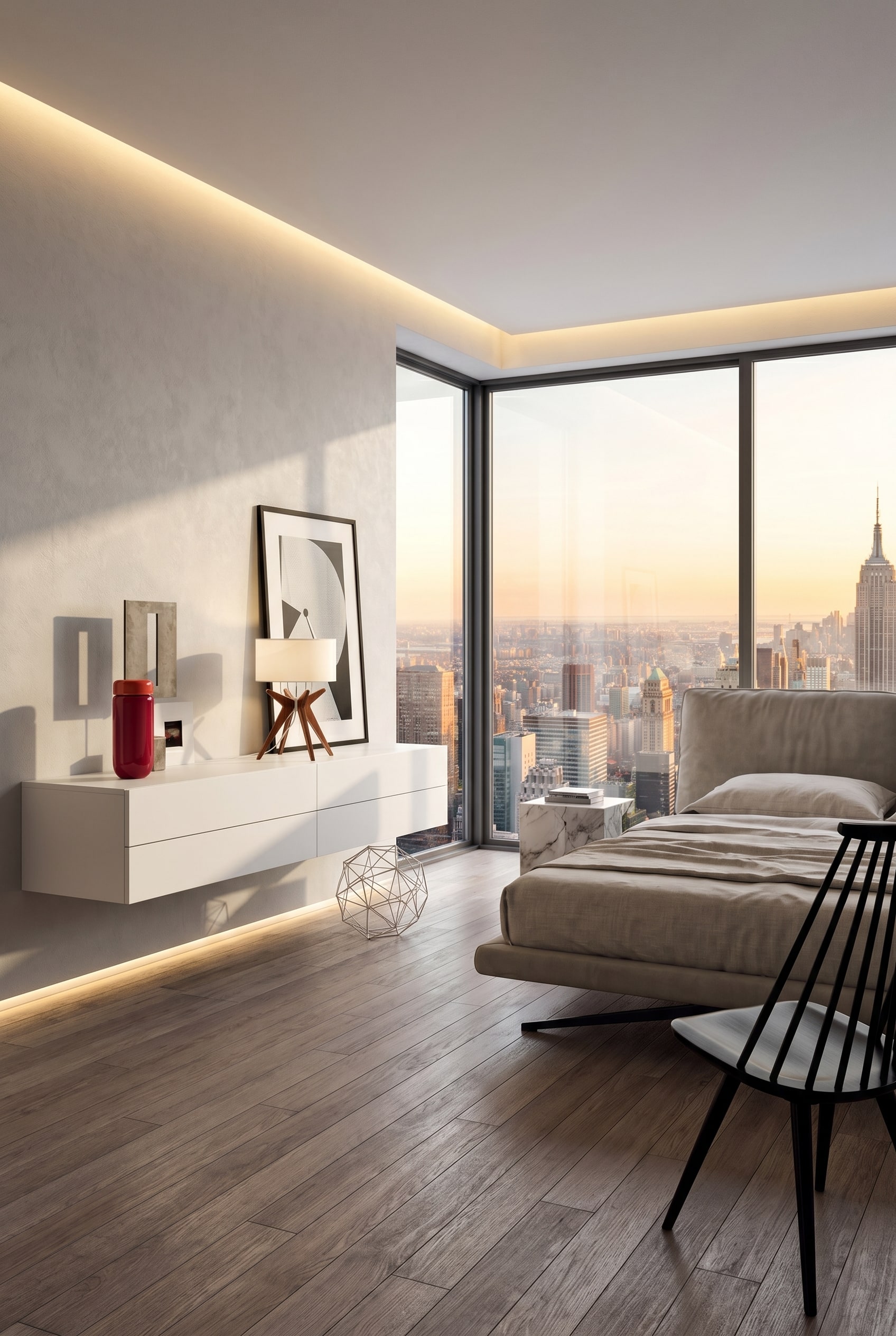 Een greeploze zwevende ladekast met vier laden in een opgeruimde woonruimte. Een greeploze zwevende ladekast met vier laden in een opgeruimde woonruimte.