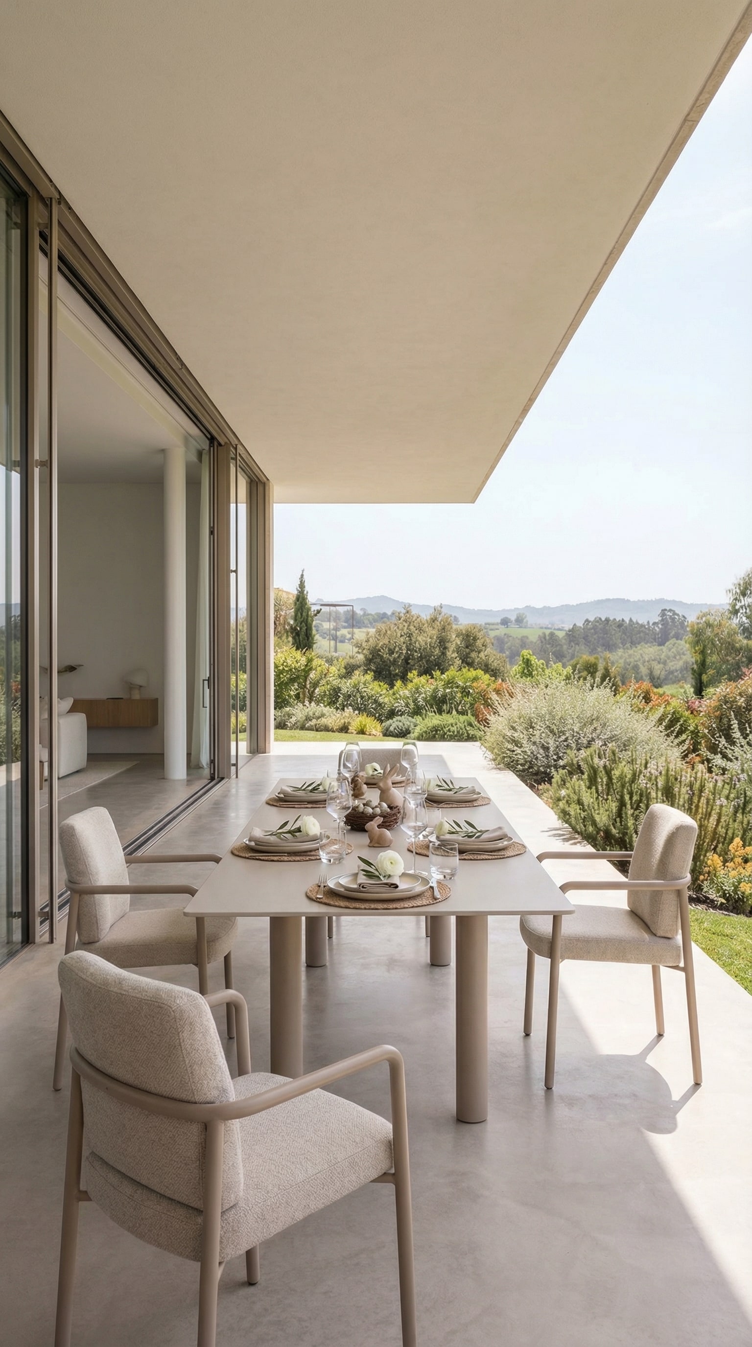 Extendable, modern outdoor dining table on a spacious patio Extendable, modern outdoor dining table on a spacious patio