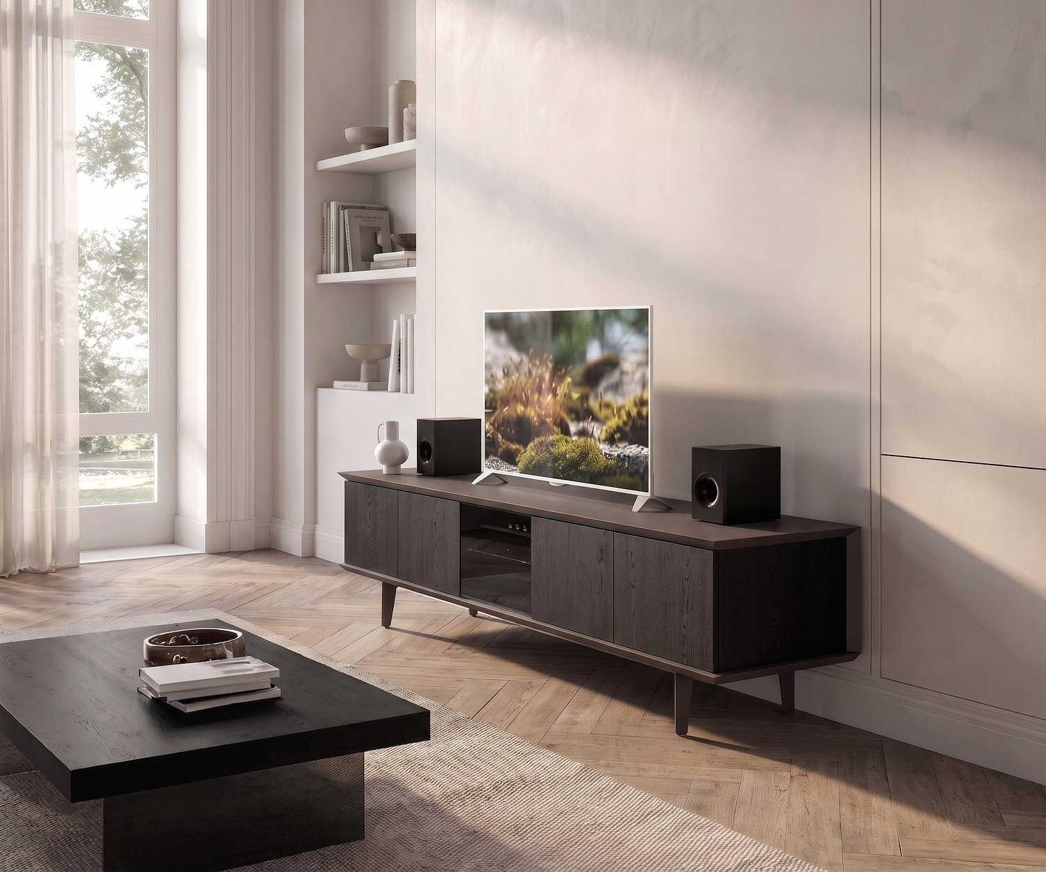 Ozzio Brera TV media lowboard in modern living room. Stylish walnut TV cabinet with smoked glass door and storage space.
