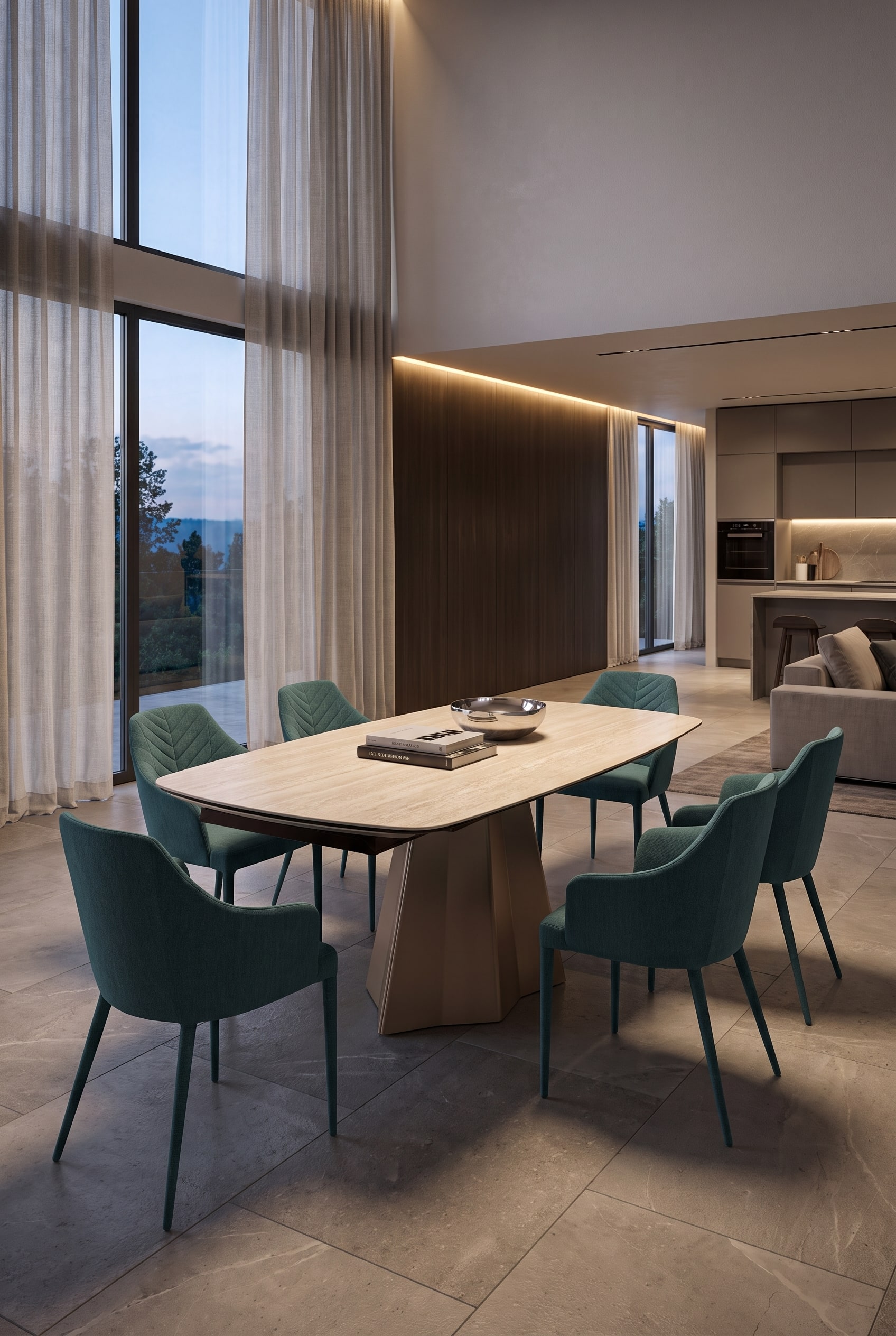 Sala da pranzo luminosa con un tavolo da pranzo di design allungabile, sei sedie e un vaso elegante