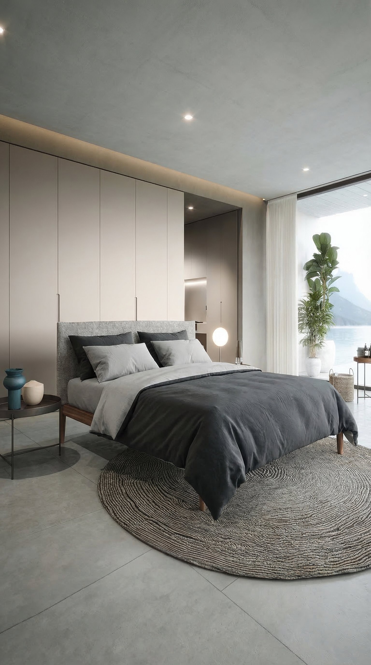 Modernes Schlafzimmer mit zweifarbiger Wendebettw&auml;sche in Grau