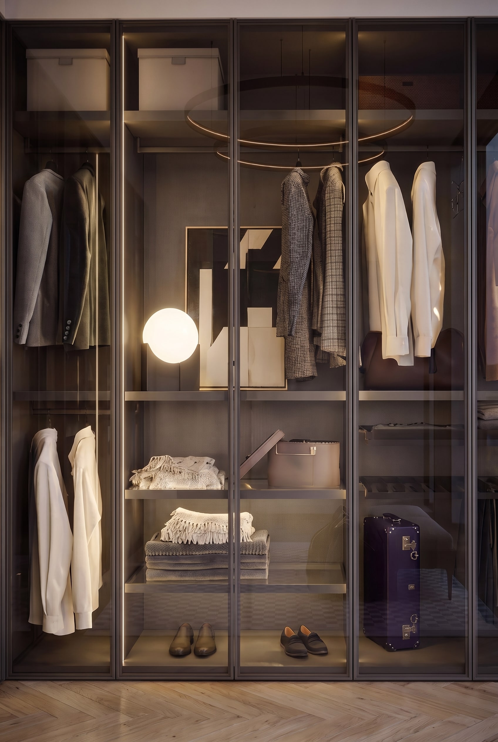 Detail shot of the Novamobili Perry wardrobe with organised clothing, elegant leather boxes, and a violet suitcase behind smoked glass.