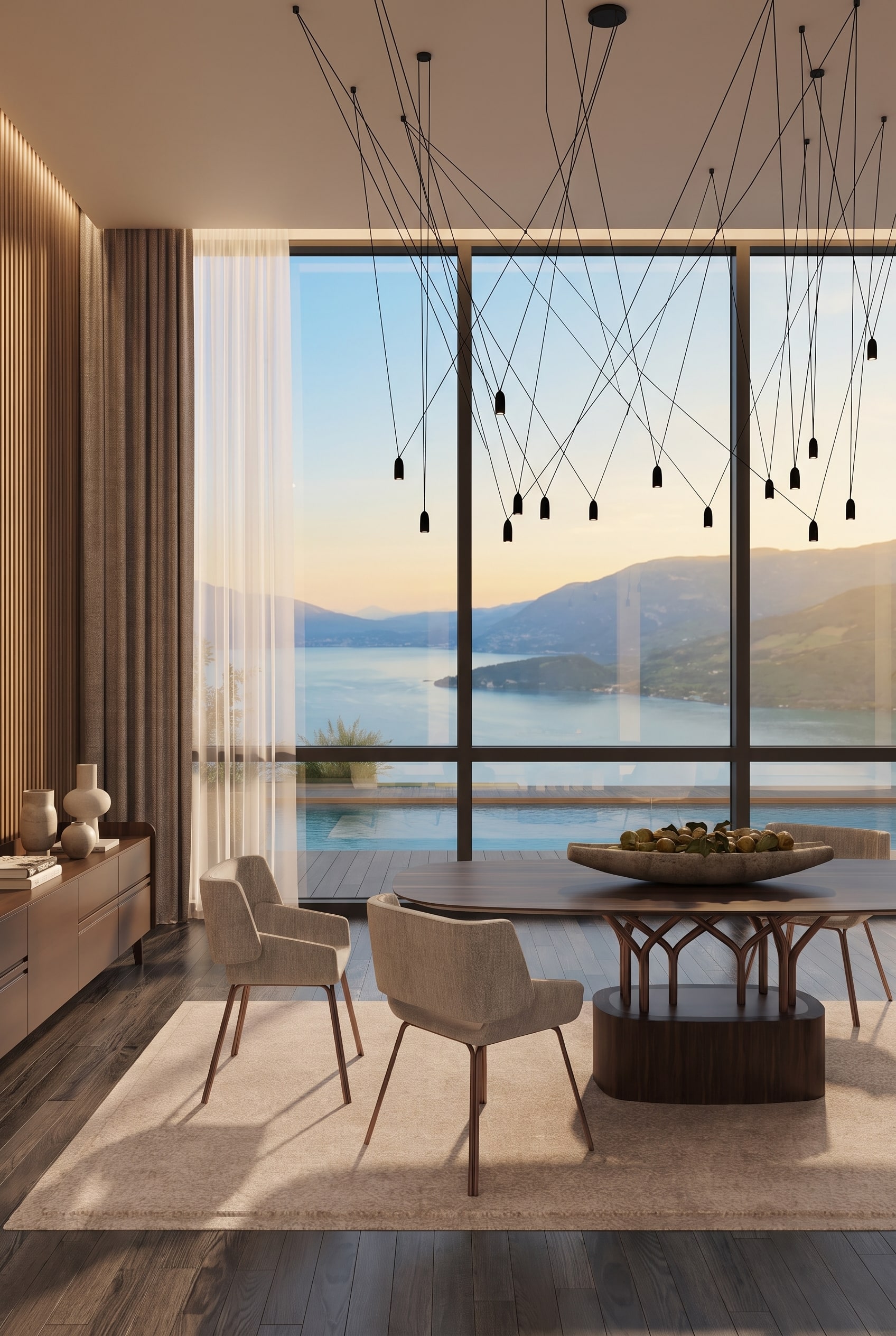 Sala da pranzo moderna nella calda luce serale con un grande tavolo in legno e una credenza bassa sulla parete in legno.